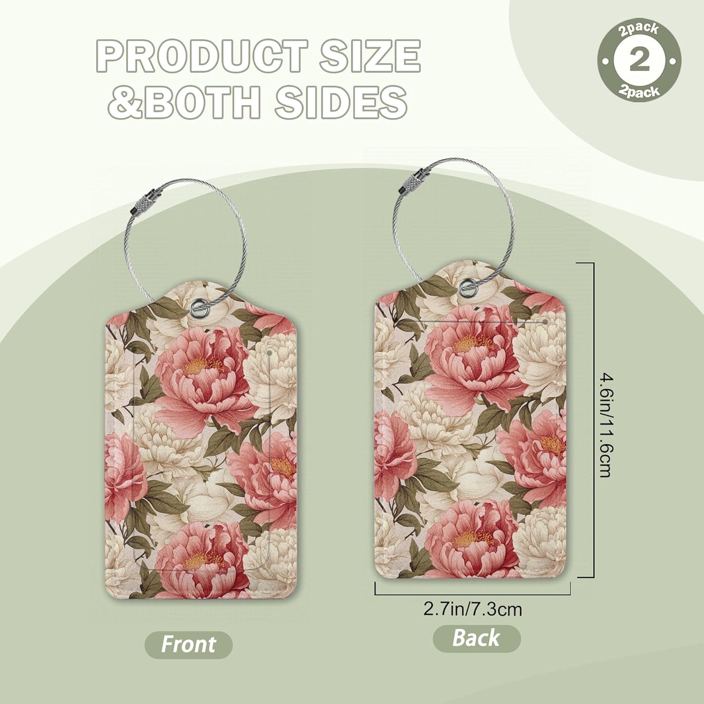 2 Pcs Peony Pink Flowers Retro Luggage Tags,Cruise Luggage Tag with Privacy Flap,Name Id Label and Steel Loop for Women Men Travel Bag Suitcase