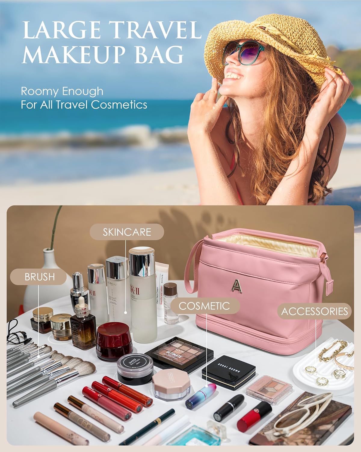 Birthday Gifts for 11 12 13 14 15 16 17 18 Year Old Girls Makeup Bag, Gift for Women Double Layer Cosmetic Bag with Makeup Brush Organizer, Teacher Gift,Toiletry Bag Graduation Gift