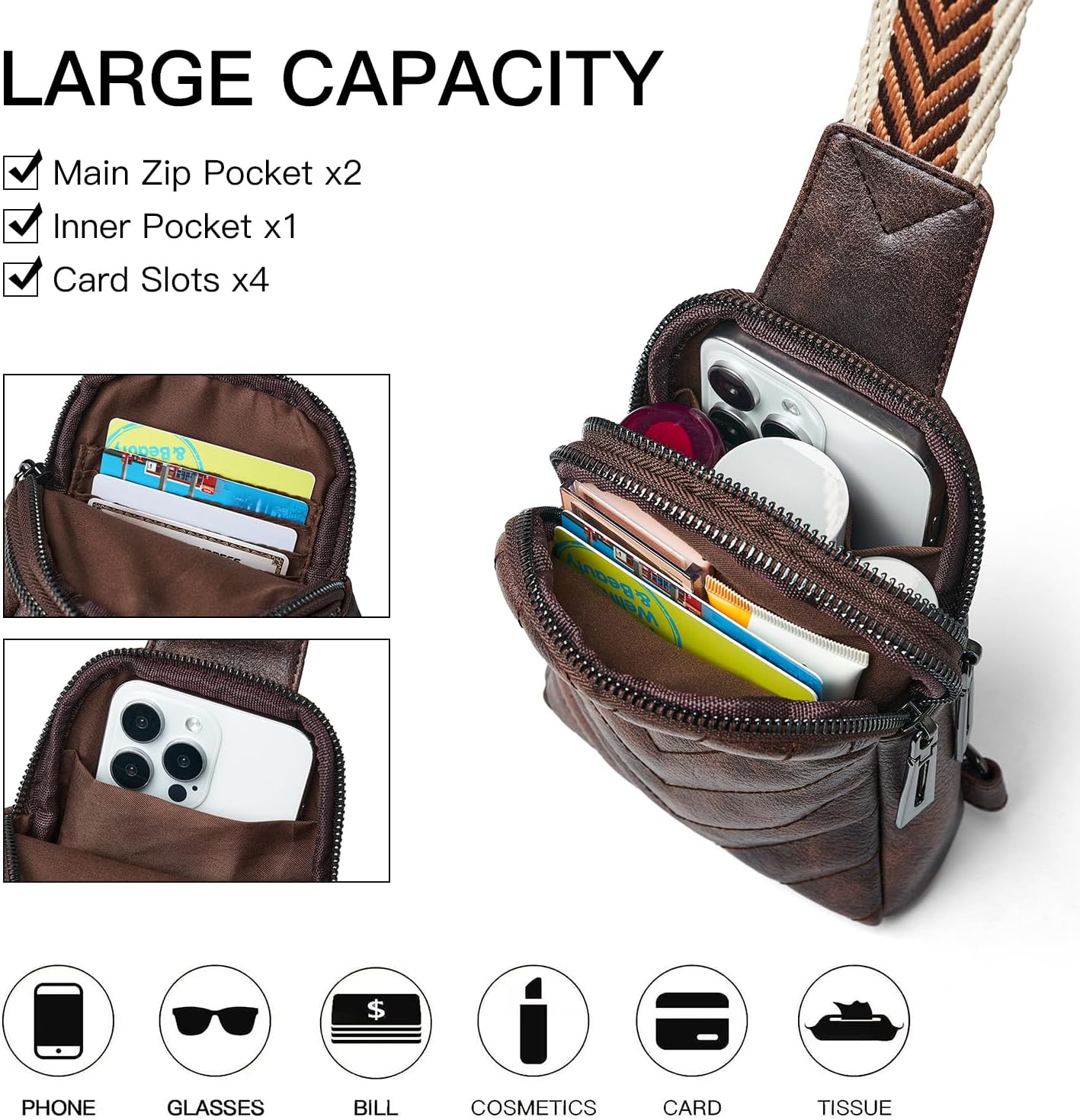 7L Sling Bag for Women Men Leather Small Sling Backpack Daypack Anti Theft Fanny Pack Crossbody Purse Travel