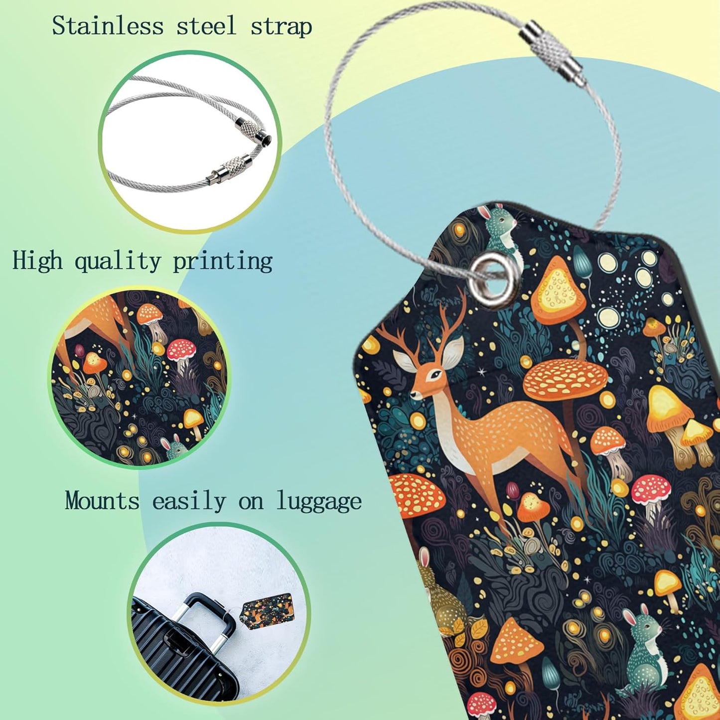 2 Pack Mushrooms Luggage Tag for Suitcases Deer Forest Animal PU Leather Bag Travel Suitcase ID Identifier Baggage Tags for Women Men Travel