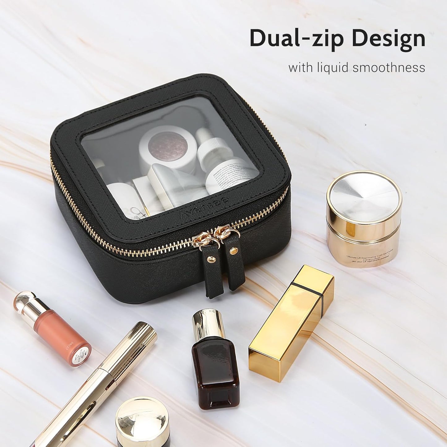 Aveniee Mini Clear Makeup Bag, Small Cosmetic Bags Travel Toiletry Pouch Organizer, TSA Approved Make up Case with Zipper, Car Bag for Essentials,Black