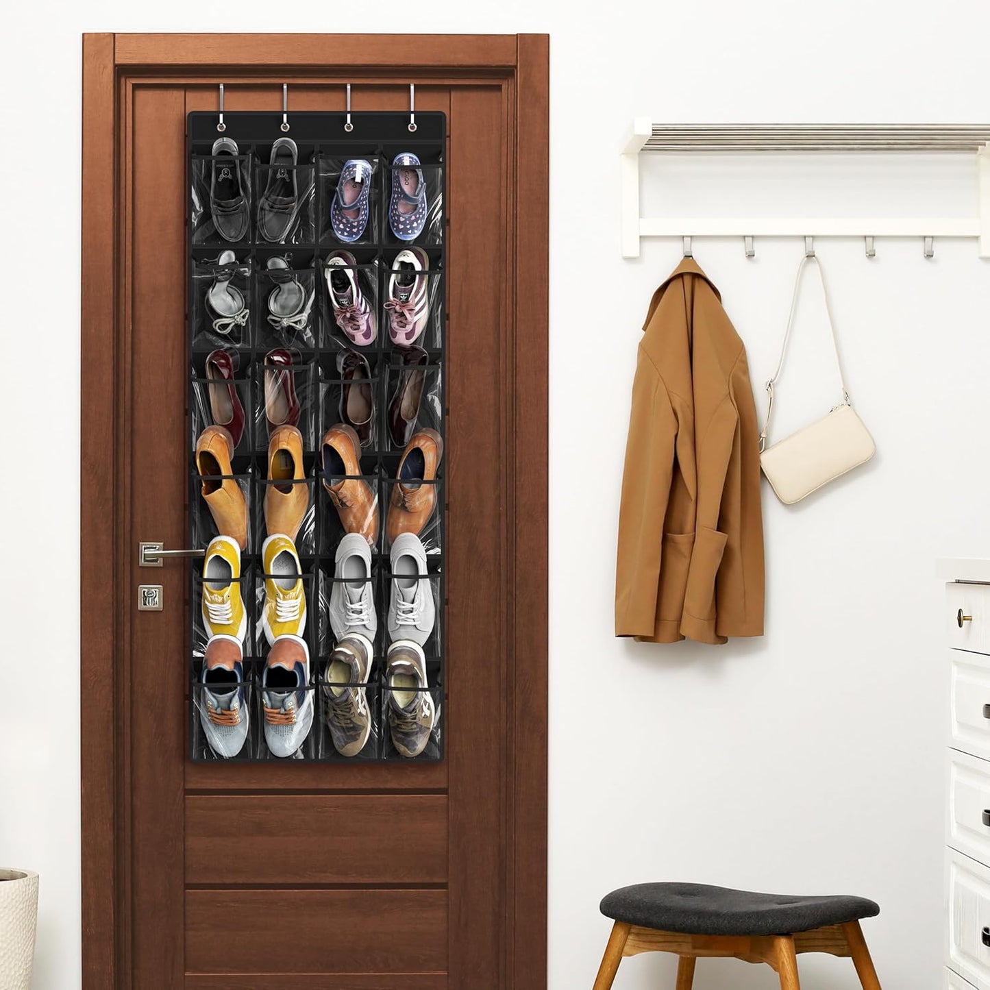 Simple Houseware 24 Pockets Large Clear Pockets Over The Door Hanging Shoe Organizer, Black (56" x 22.5")