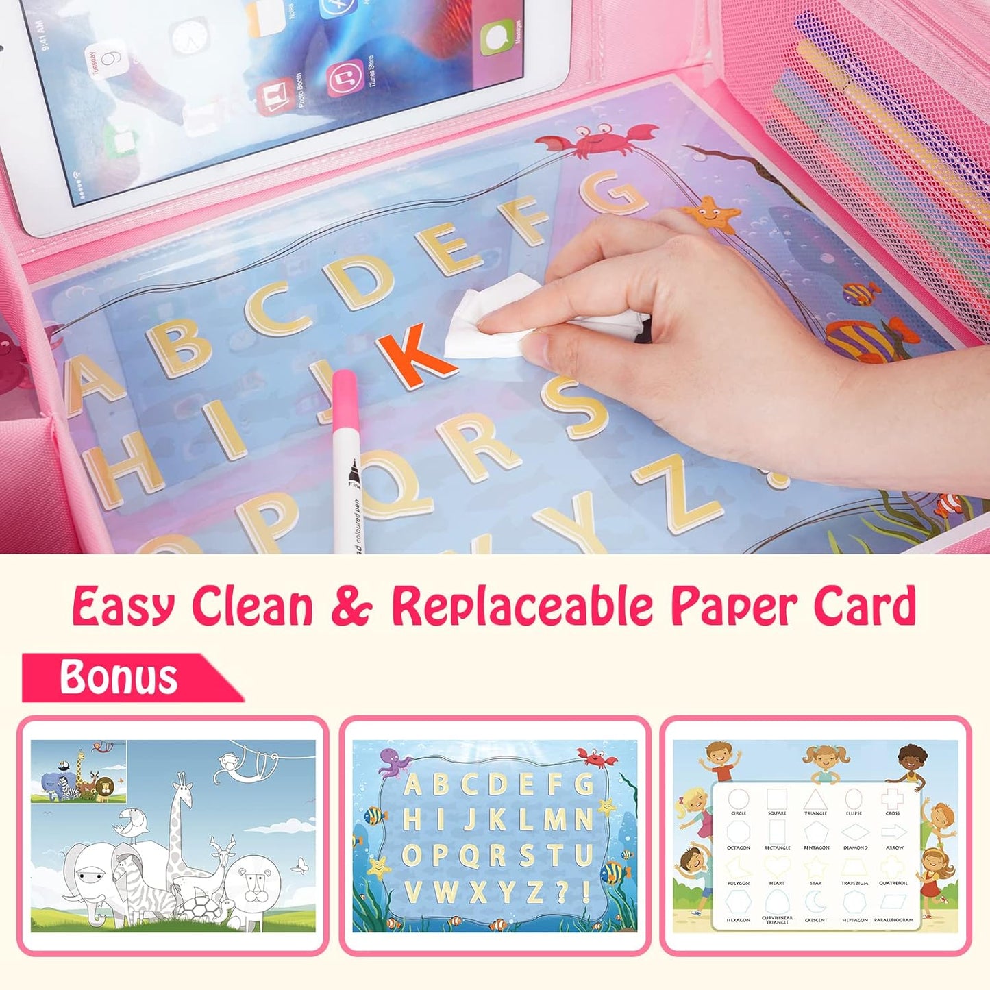 MENZOKE Kids Travel Tray, Car Seat Table Tray, Road Trip Essentials with Educational Drawing Board, Tablet Holder & Cooler Cup Holder, Travel Table for Kids Gifts in Car, Airplane, Multicoloured