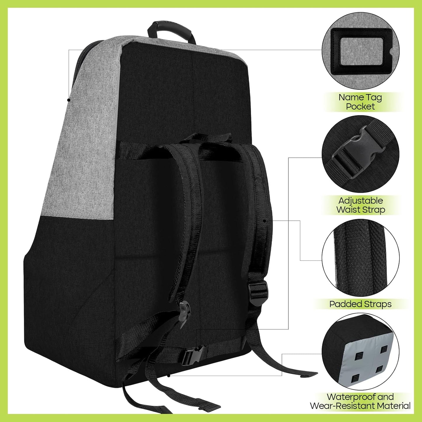 Padded Car Seat Travel Bag for Airplane, Heavy Duty Backpack for Air Travel, Water-Resistant Carrier with Shoulder Strap, Fits Most Car Seats (Grey+Black)