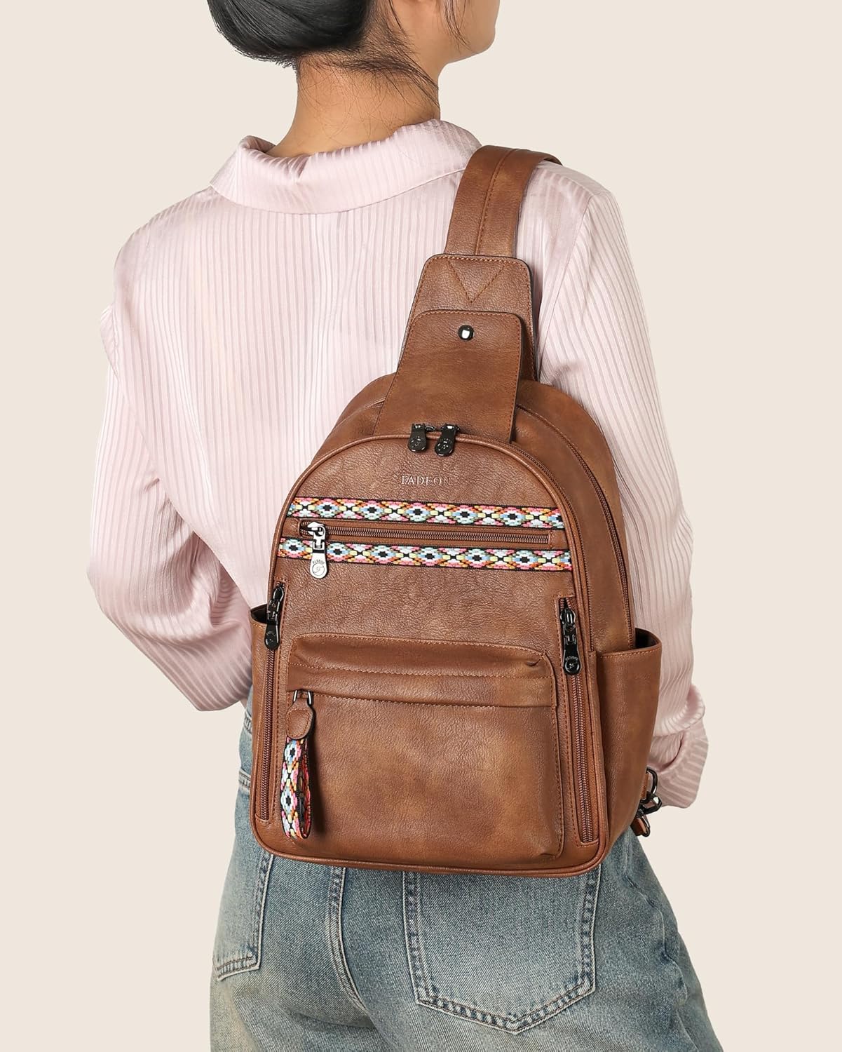 FADEON Large Sling Bag for Women, Leather Crossbody Purse Designer Anti Theft Sling Backpack, RFID Fanny Packs for Travel