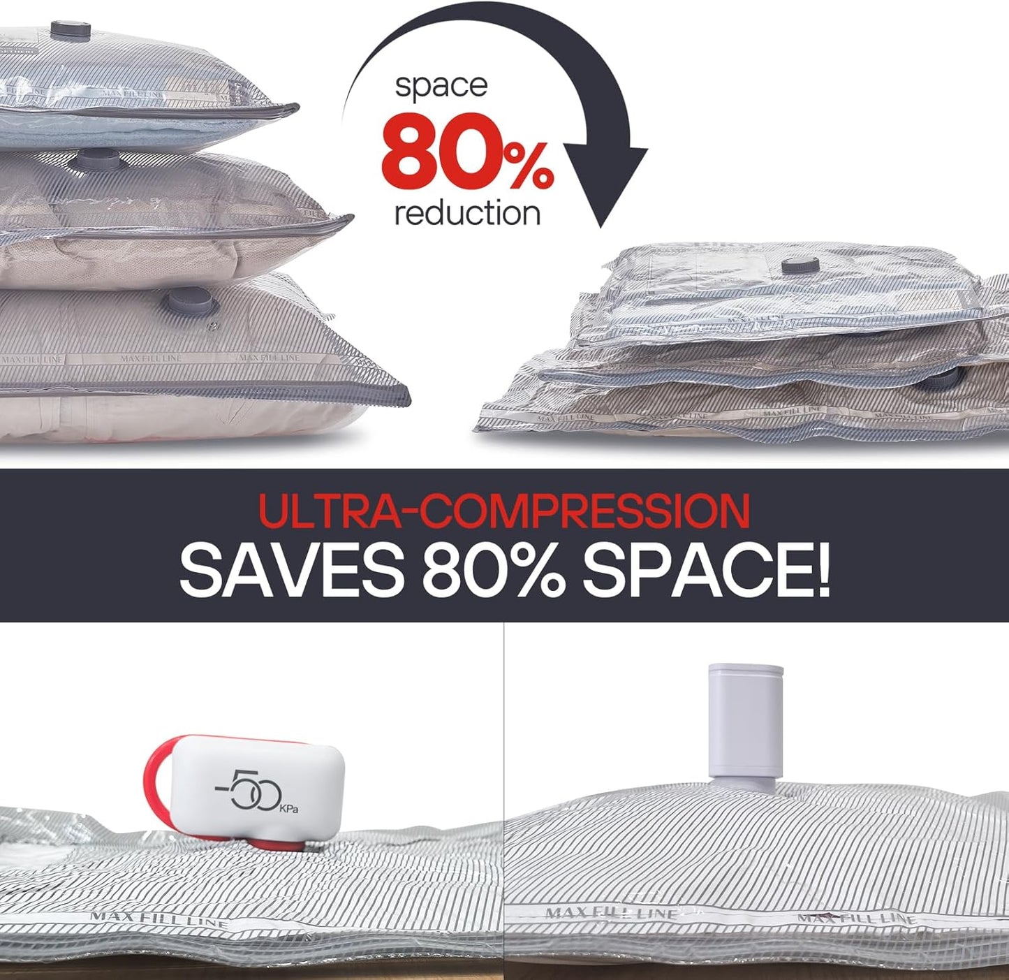 VMstr 12 Pack Vacuum Storage Bags for Travel, Carry-on Size for Luggage Compression Packing, Space Saver with High Pressure Electric Pump(D/C Power)