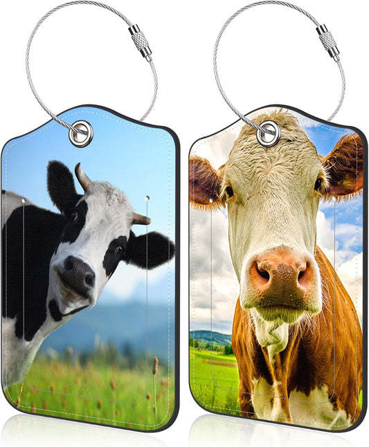 2 Pack Luggage Tag for Suitcase Funny Cow Leather Suitcase Tags with Identifiers Privacy Cover Name Address Labels and Stainless Steel Loop for Teens Adults, 4.6 x 2.7 inch