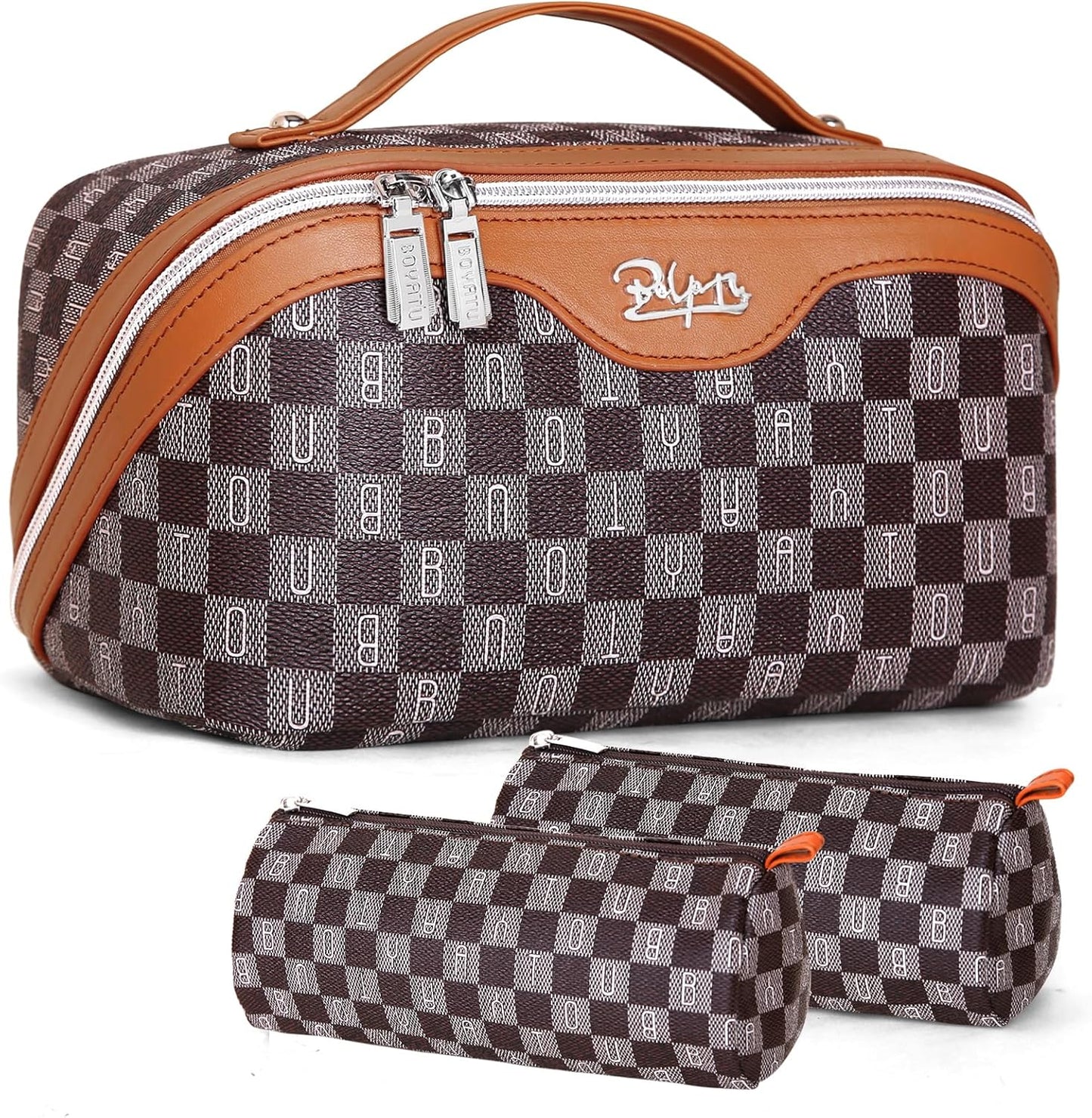 BOYATU Travel Makeup Bag Cosmetic Bags for Women: 3 Pcs Set Portable Make up Bag with Handle - Vegan Leather Toiletry Bags with Compartments - Makeup Organizer for Travel Essentials(02-Brown)