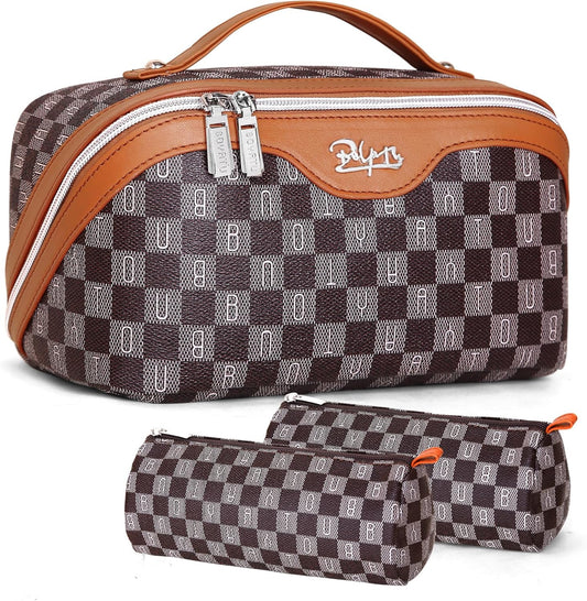 BOYATU Travel Makeup Bag Cosmetic Bags for Women: 3 Pcs Set Portable Make up Bag with Handle - Vegan Leather Toiletry Bags with Compartments - Makeup Organizer for Travel Essentials(02-Brown)