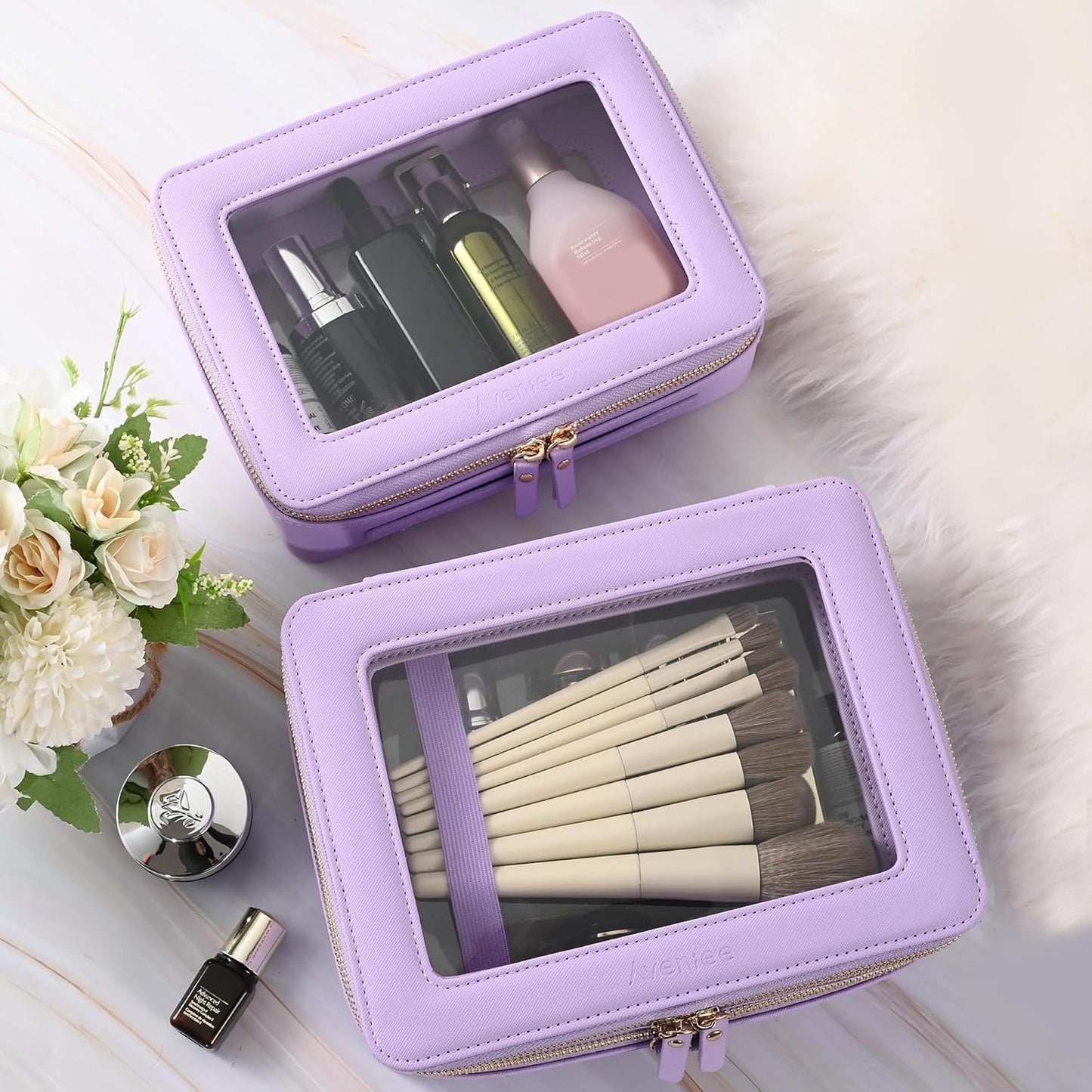Aveniee Clear Makeup Bags, Double Layer Cosmetic Bags with a Separate Brush Compartment, Large Travel Toiletry Bag Train Case for Women, Travel Accessories Organizer.2 Layers Large, Lilac