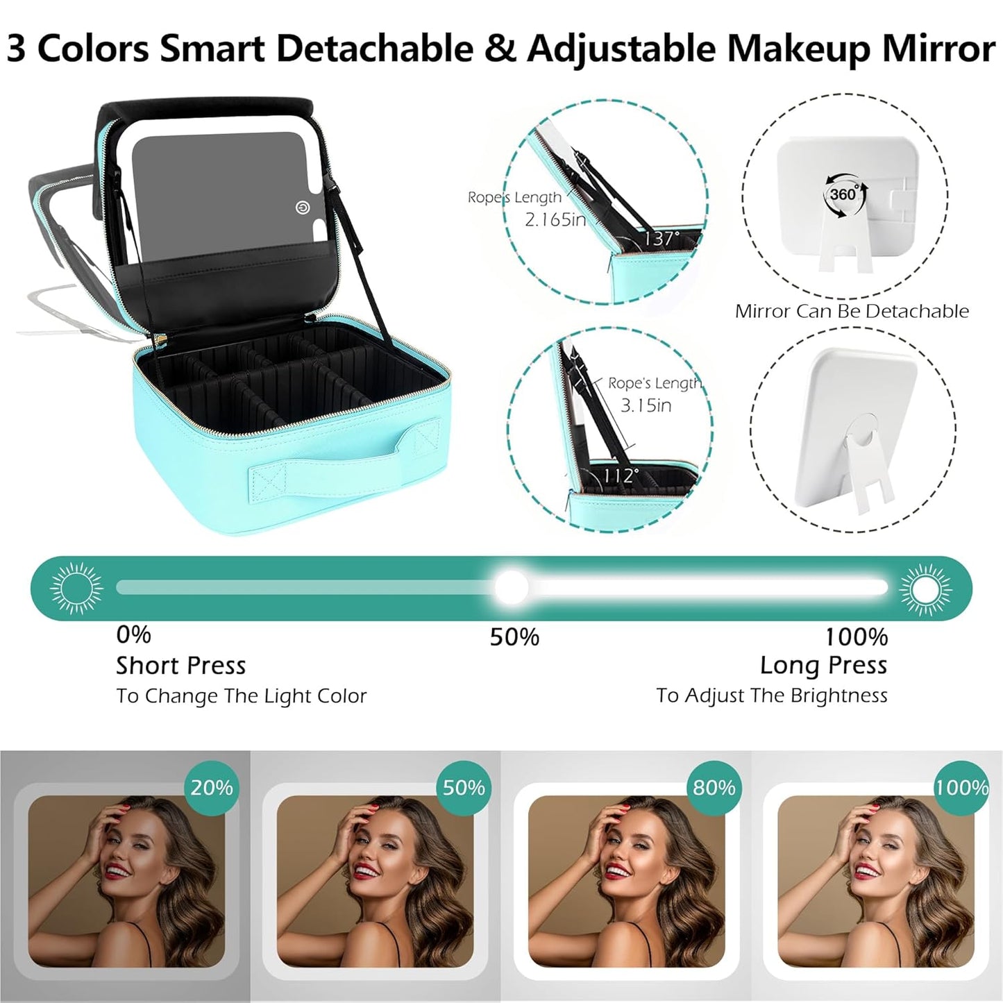 MOMIRA Travel Makeup Bag Cosmetic Bag Makeup Organizer Bag with Lighted Mirror, Adjustable Brightness in 3 Color Scenarios, Waterproof Makeup Train Case, Gift for Women - Aqua Blue