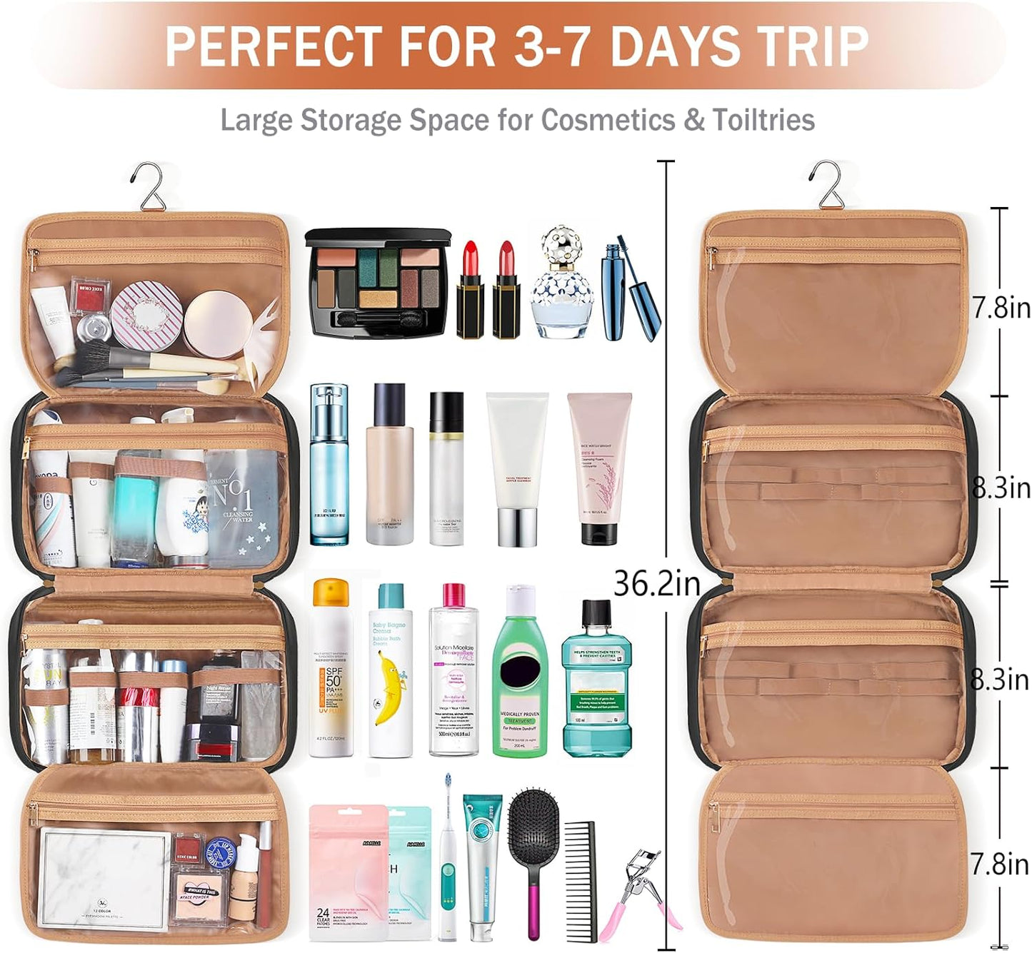 Travel Toiletry Organizer - Hanging Toiletry Bag for Full-sized Toiletries, Portable Water-resistant with Hanging Hook and 4 Compartments for Travel Essentials and Cosmetics