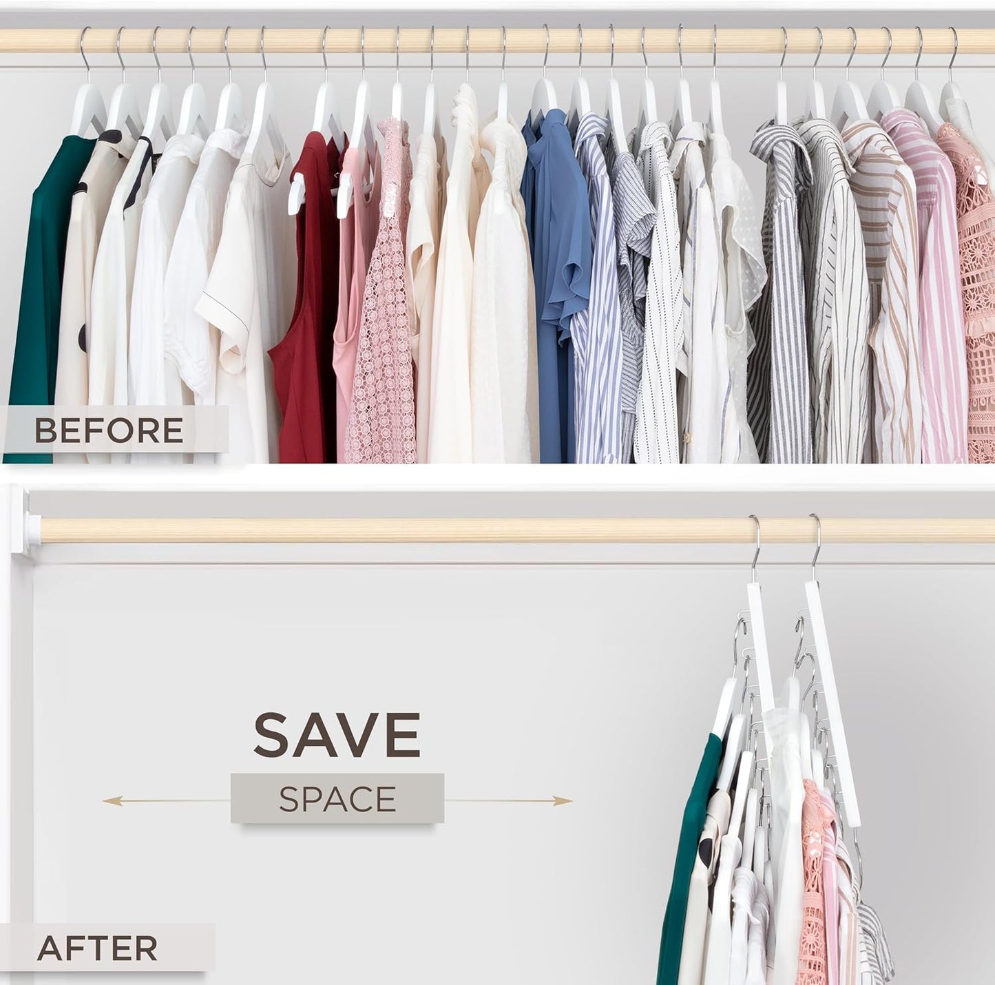 MORALVE Space Saving Hangers for Closet – 4 Pack European Beechwood 6-Tier Shirt Organizer with 360° Swivel Hook – Collapsible Clothes Hanger for Closet Organization (Hangers Not Included)