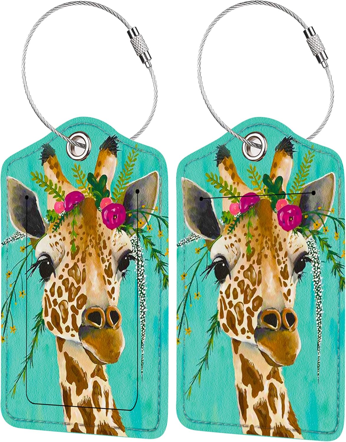 2 Pack Luggage Tag for Suitcase, Cute Unique Leather Bag Tags Identifiers Privacy Cover ID Label with Durable Steel Loop for Women Men Kids Girls Travel, Giraffe