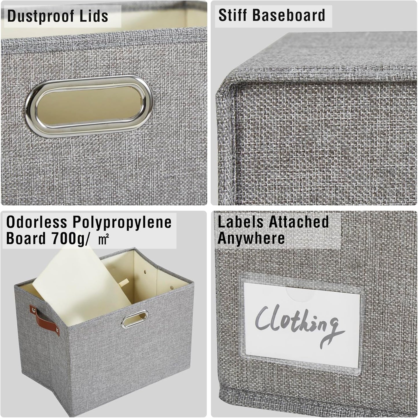 17" Large Collapsible Storage Bins with Lids, Stackable Closet Organizers with PU Handle and Labels, 3-Pack Decorative Fabric Storage Boxes for Home, Bedroom, Closet, Office, Nursery(Gray)