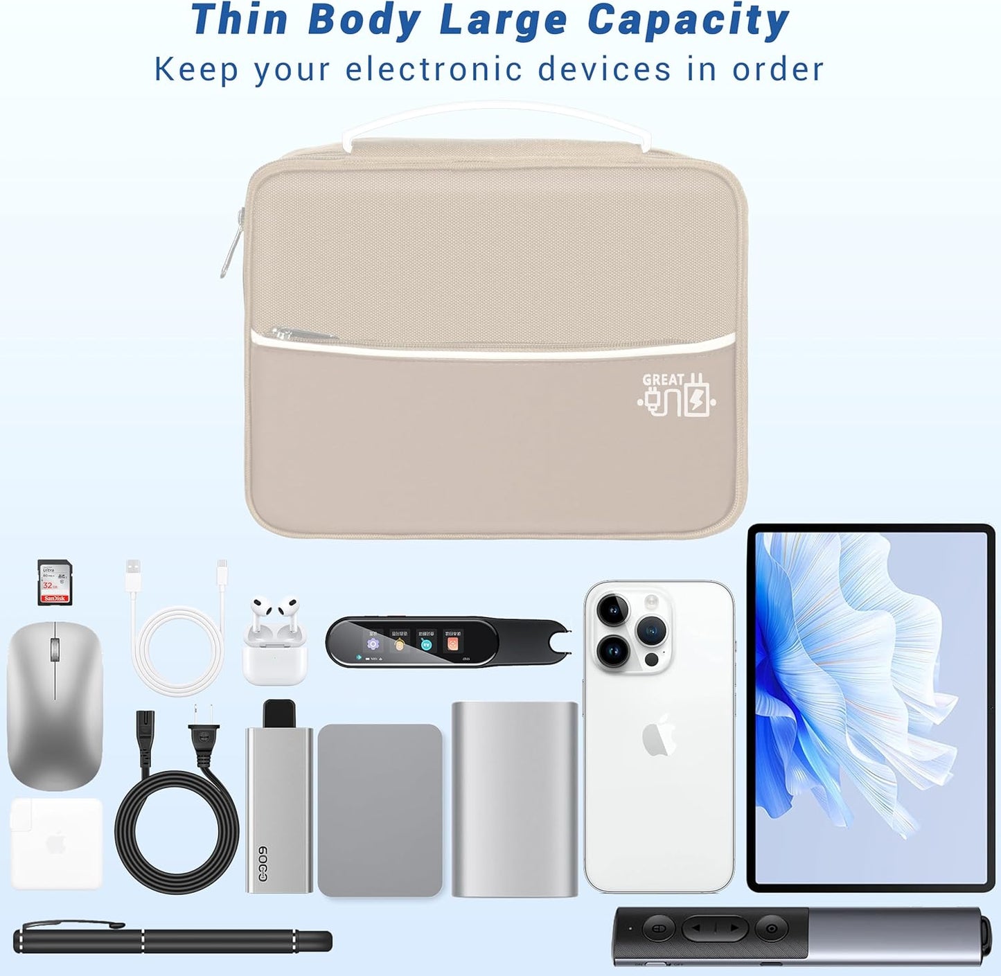 Electronics Organizer, Portable Cable Organizer Bags, Waterproof Electronic Accessories Storage Case for Cables, Cords, Charger, Phone (Three Layer-Beige)