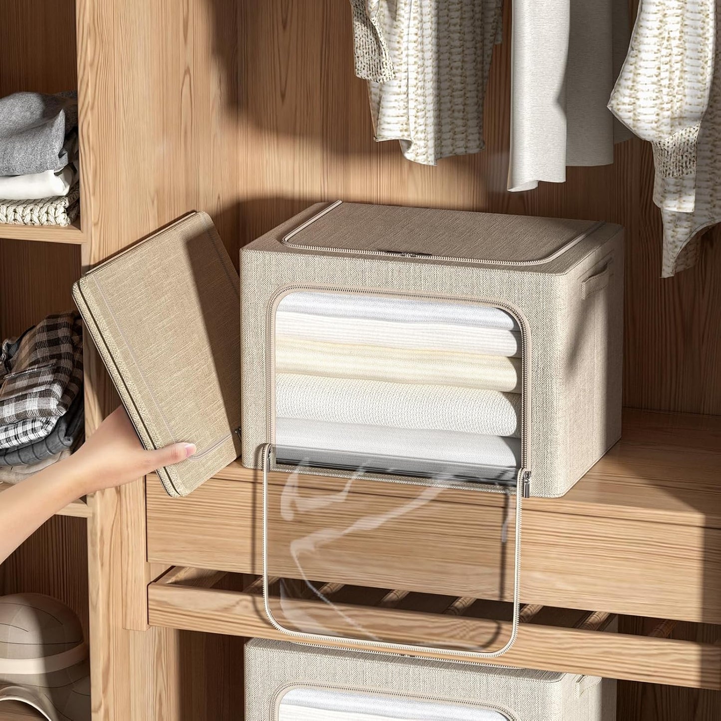 4 Pack Clothes Storage Bins with Metal Frame - Linen Fabric Foldable Stackable Container Organizer Set with Clear Window & Carry Handles & Zippers (Beige, 15.7"x11.8"x7.8")