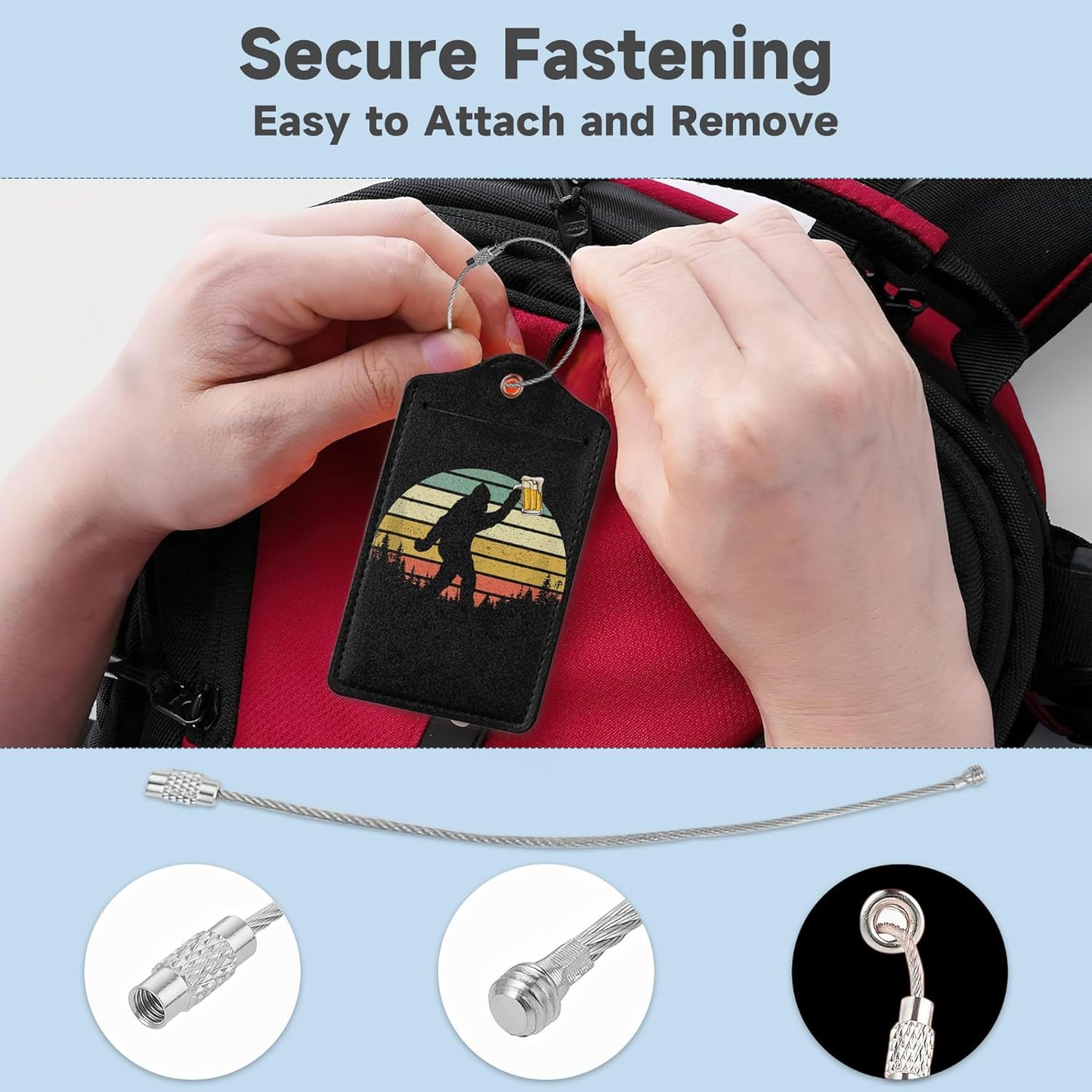 2 Pack Leather Luggage Tag for Suitcase Bigfoot Love Drinking Beer Unique Travel Tags with Privacy Cover ID Label & Stainless Steel Loop for Men and Women Baggage