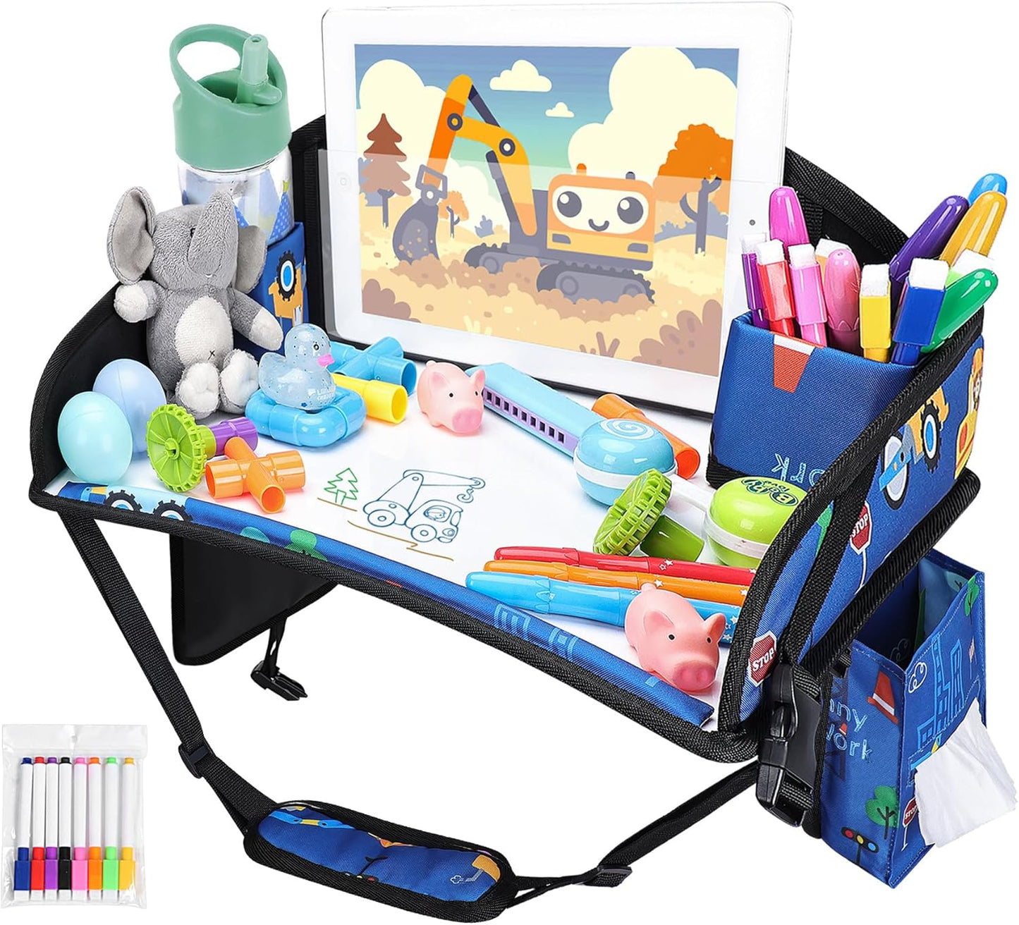 Kids Travel Tray for Airplane - Toddler Car Seat Table Tray, Road Trip Essentials for Boys & Girls, Carseat Lap Desk for Kids Road Trip Activities (Dark Blue Car)