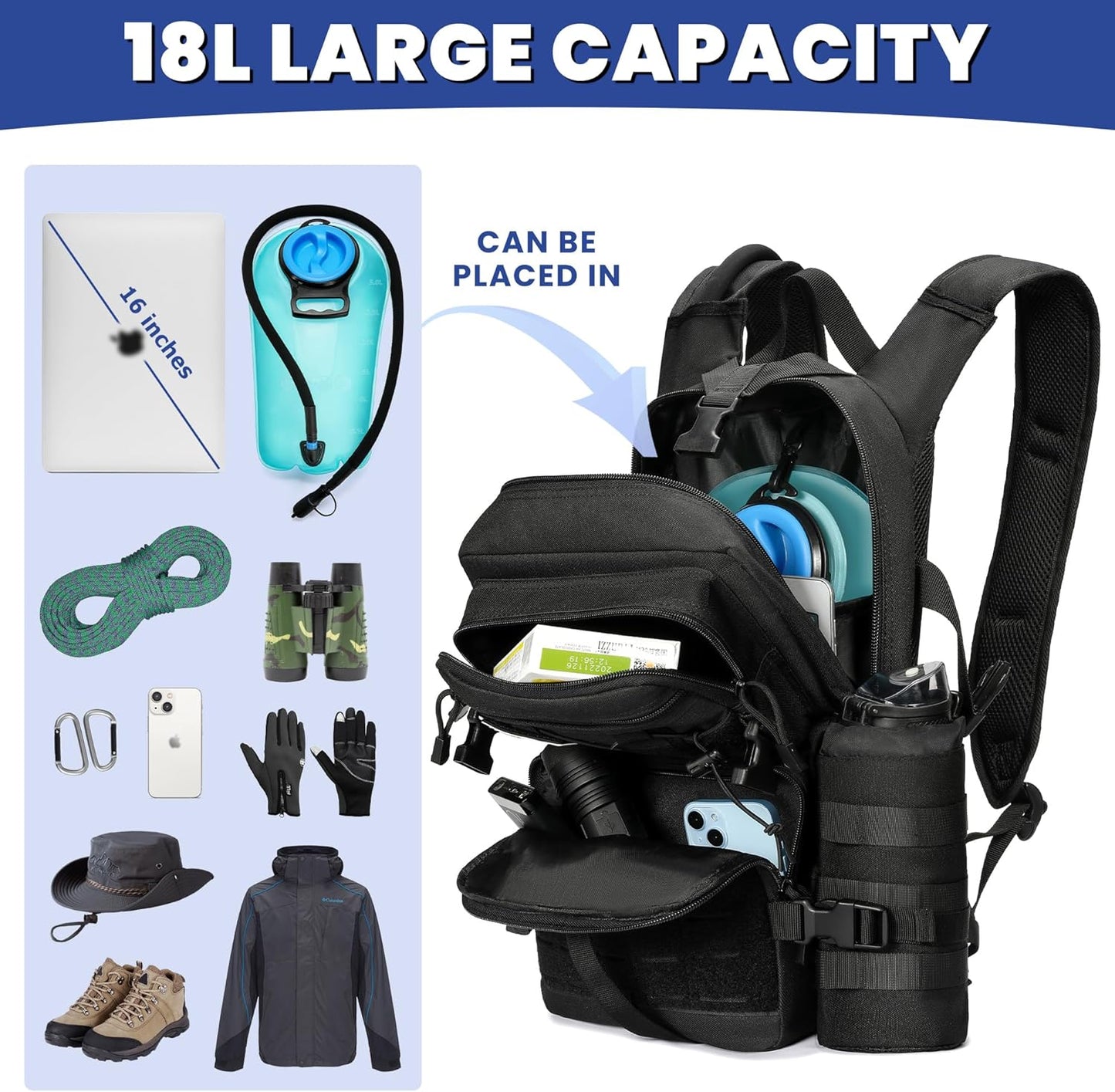 1050D Tactical Hydration Backpack with 3L TPU Water Bladder, Military Molle Water Backpack Perfect for Men & Women, Hydration Pack for Hiking, Biking, Running, Climbing, Hunting, Daily Use