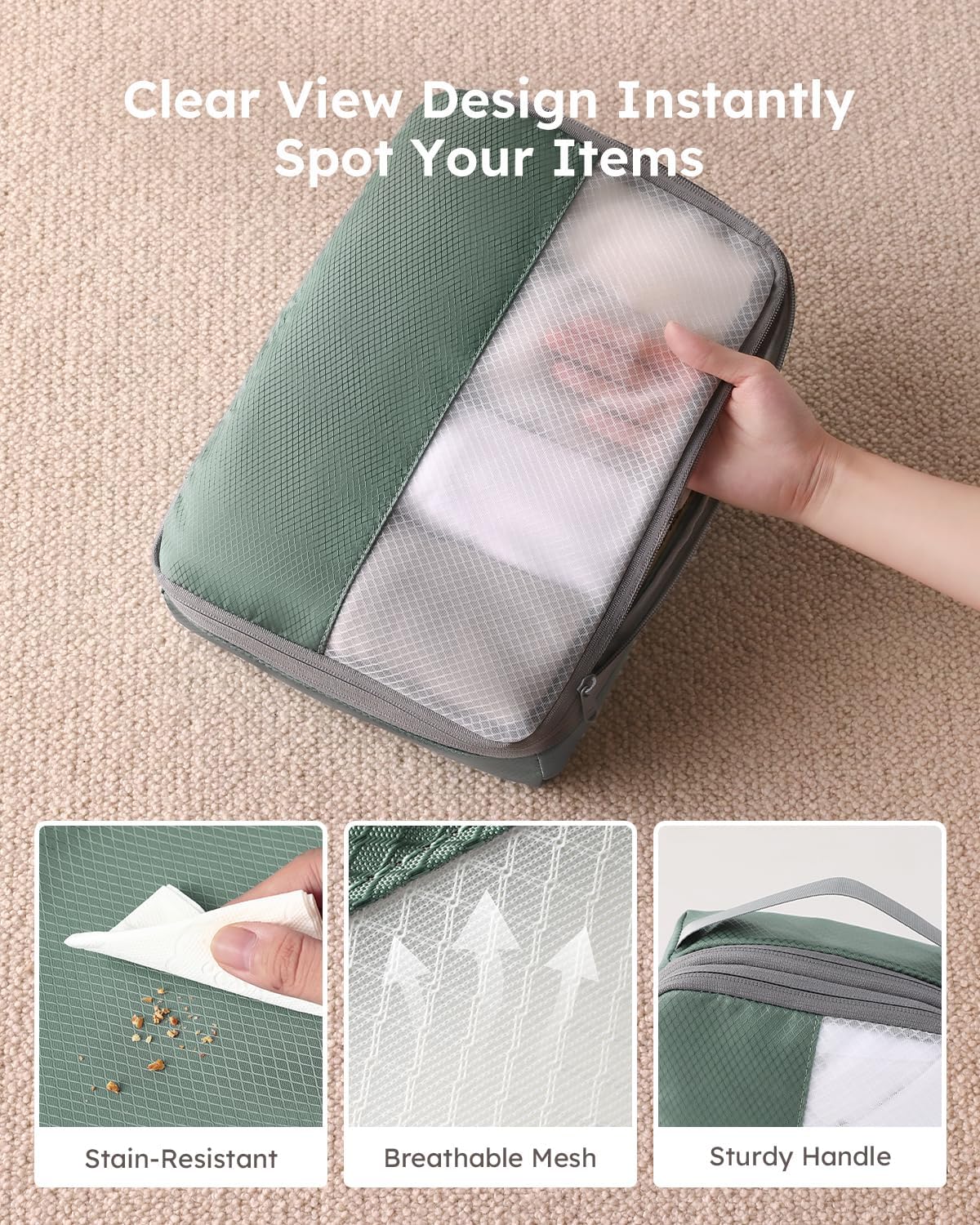 6 Set Compression Packing Cubes for Travel, Bonus Versatile Drawstring Backpack, Lightweight Luggage Organizer Bags, Sturdy Travel Accessories for Suitcase, Dark Green