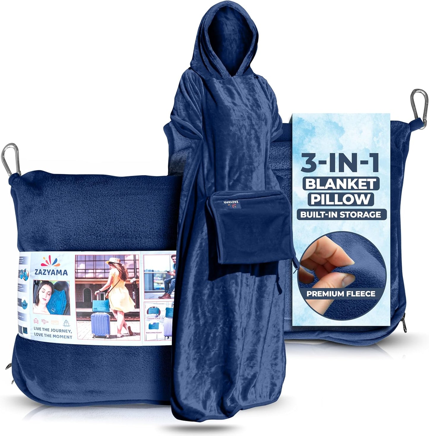 3-in-1 Travel Blanket Airplane – Compact with Bag & Pillow Combo Set, Navy Blue Ultra-Soft Fleece | Packable Blanket Compact | Hidden Pocket | Trolley Sleeve | Carabiner | Travel Essentials