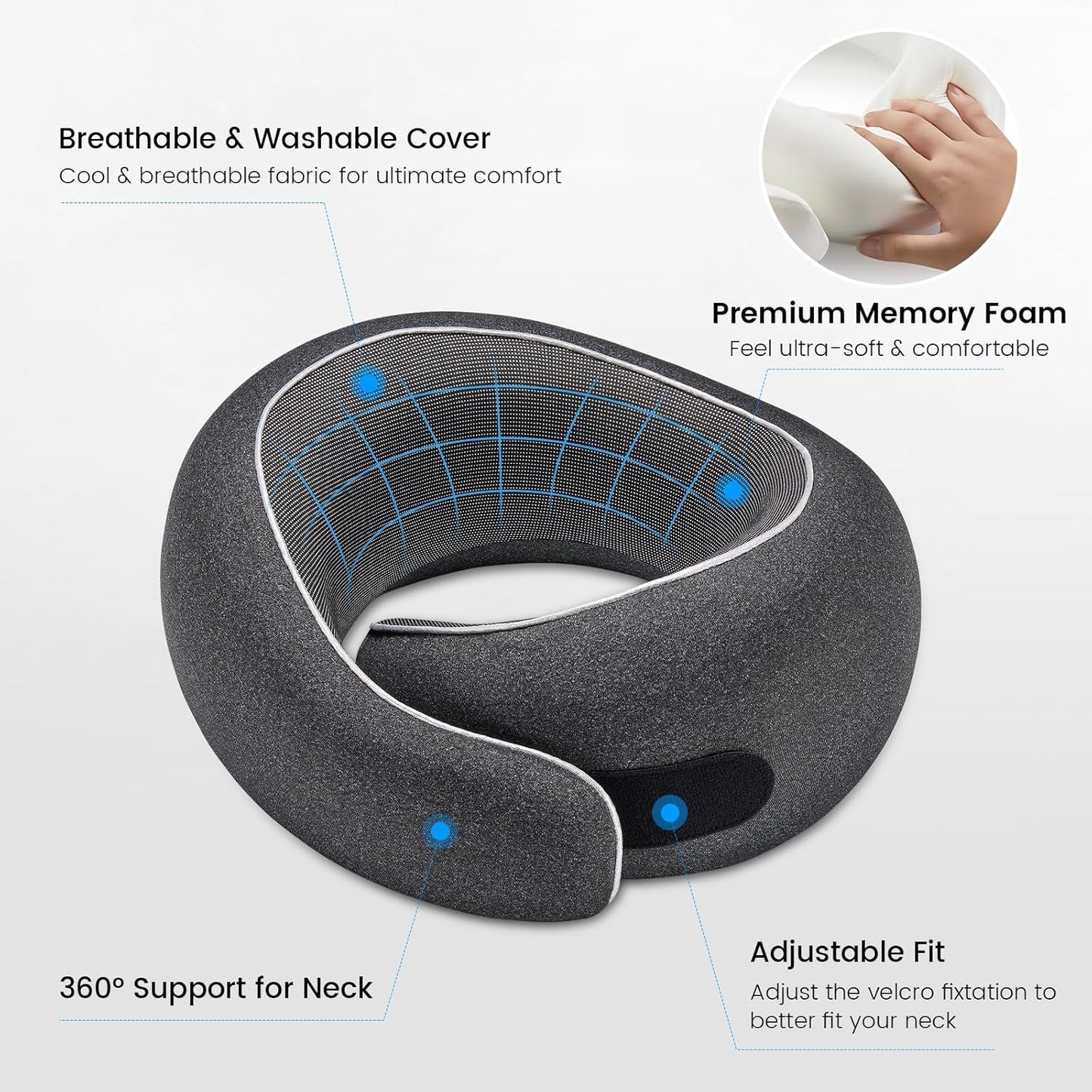 Travel Neck Pillows, 100% Memory Foam Filling, Travel Pillows for Airplanes, Compact and Ergonomic Design, Best for Sleeping Plane Train Travel Essentials (Light Black)