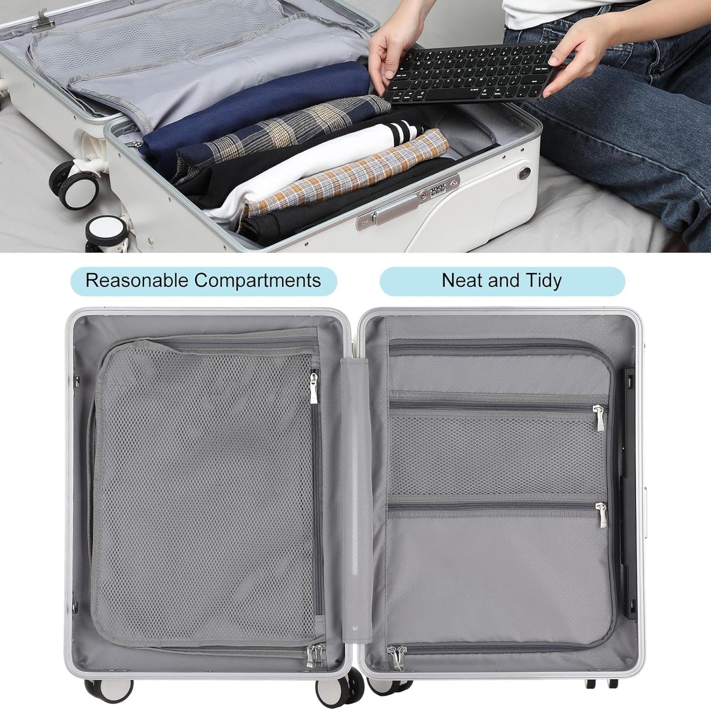 20 Inch Ride on Luggage with Seat for Kids Top Opening Aluminum Frame Suitcase with Spinner Wheels Locks for Travel(White)