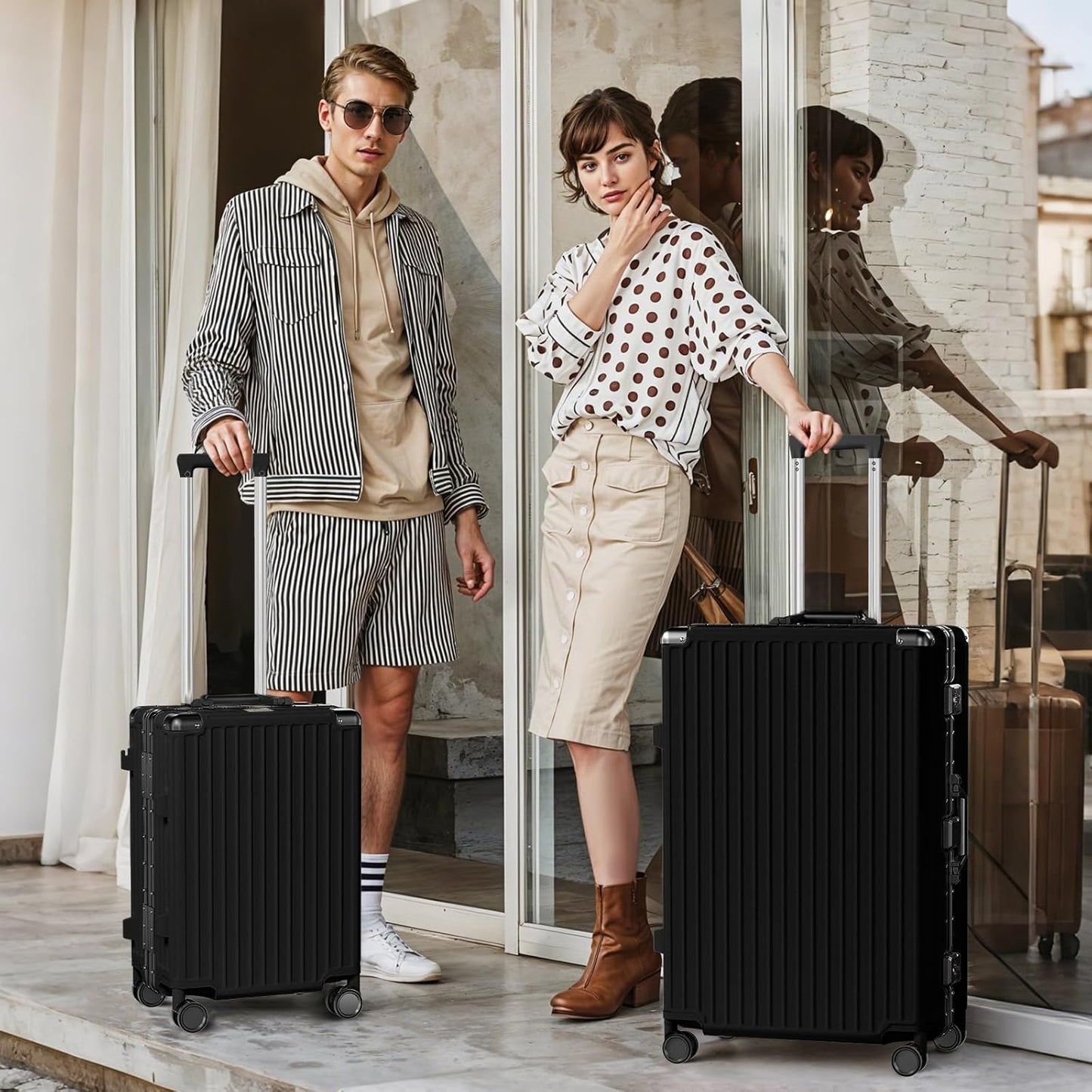 AnyZip Luggage Sets 2 Piece Aluminum Frame Carry On and Checked Suitcase PC ABS Hard Shell TSA Lock No Zipper(Black, 20/28)