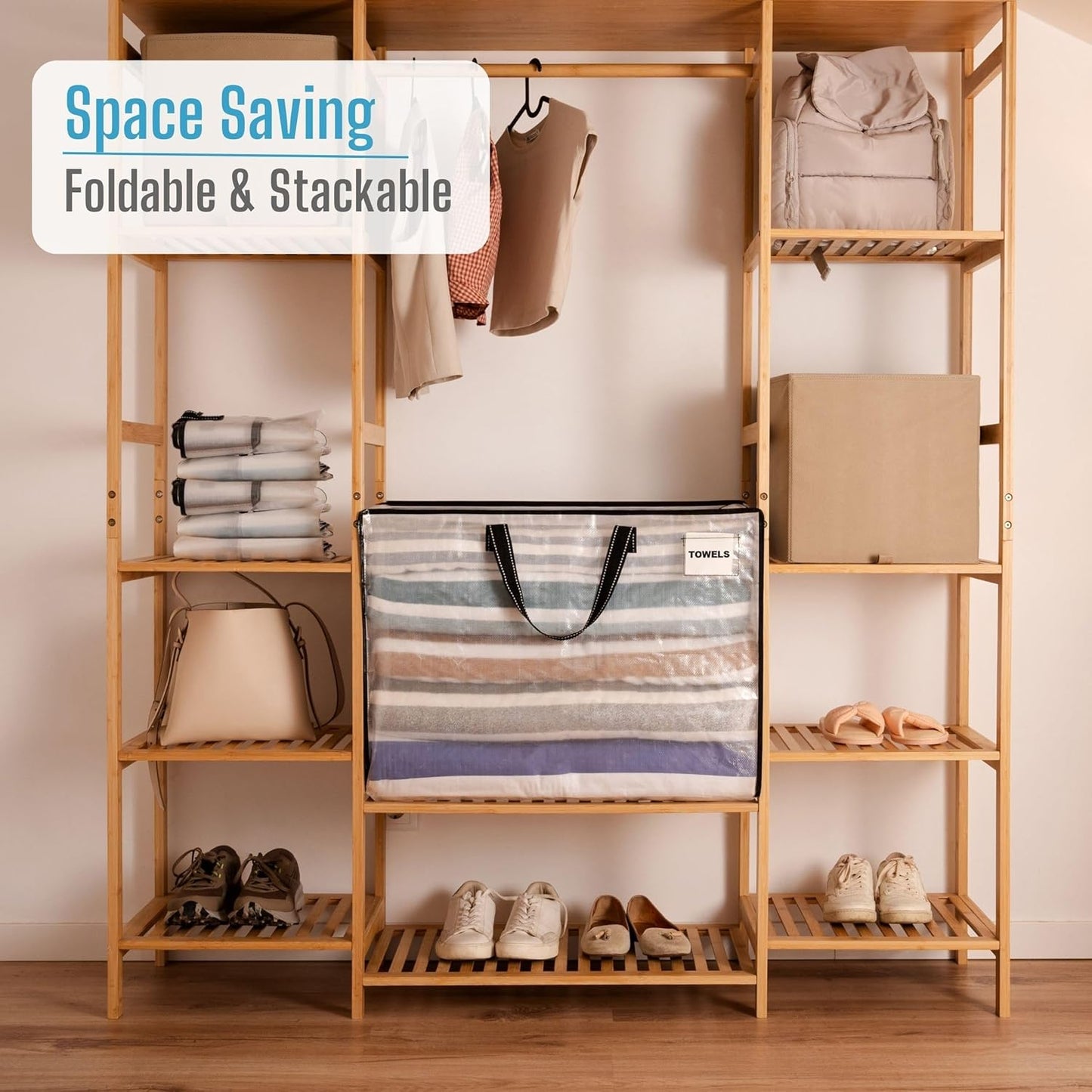 VENO 4 Pack Heavy Duty Moving Bags, Storage Bags, Packing Supplies, Top Zipper, Storage Totes for Camping, Clothes, Bedding, Comforters, Pillows (27 Gallon Clear, 4 Pack)