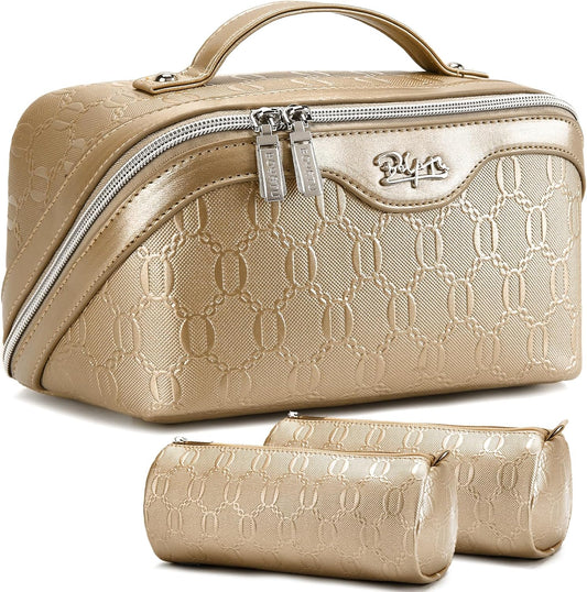 BOYATU Travel Makeup Bag for Women: Cosmetic Organizer Bag with Compartments - Leather Make up Bags Set of 3 (Gold Yellow)