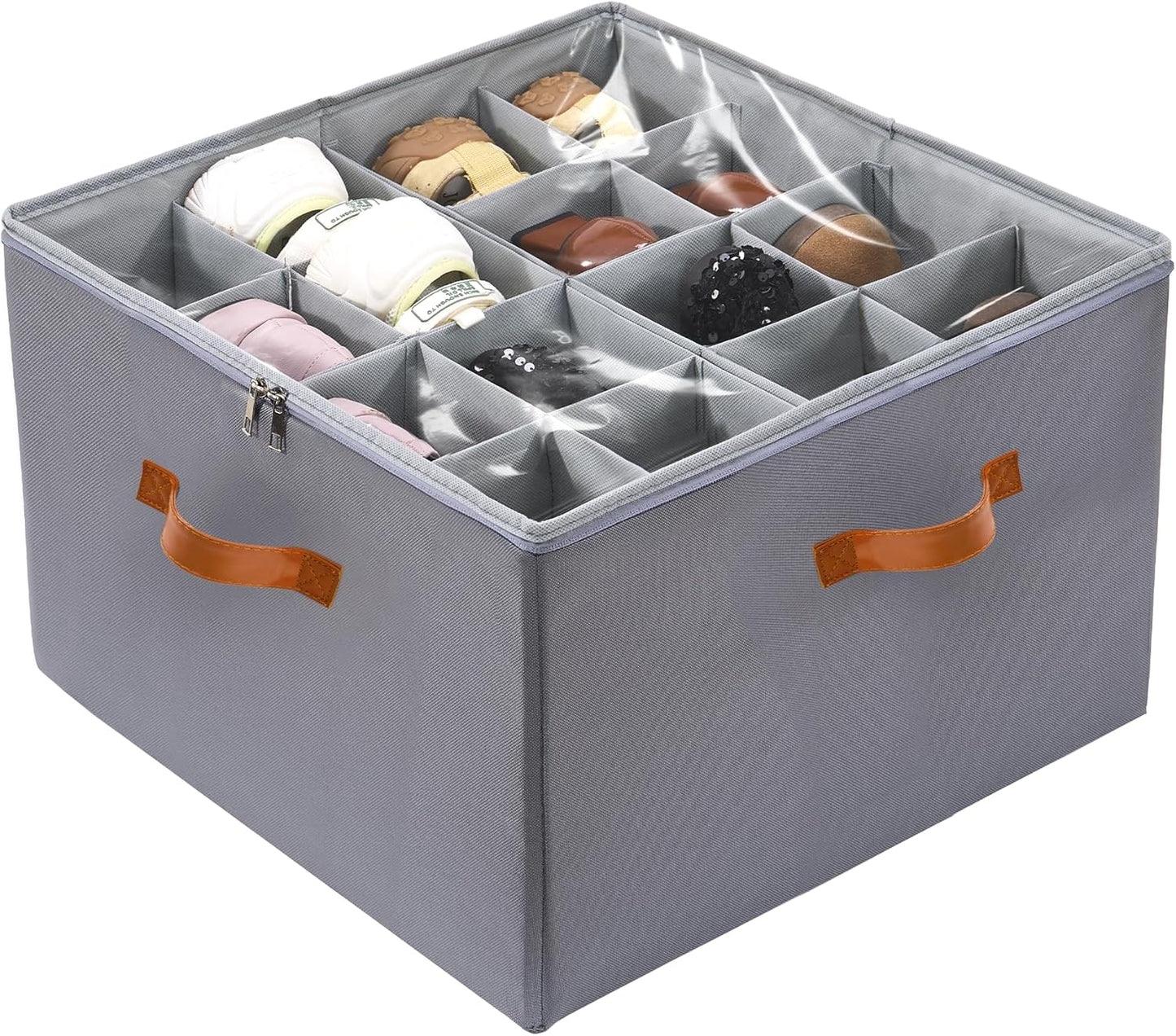 Shoe Organizer for Closet, Fits up to 16 Pairs Shoe Storage, Clear Foldable Shoe Containers Boxes Bins Baskets with Adjustable Dividers and Clear Cover Grey