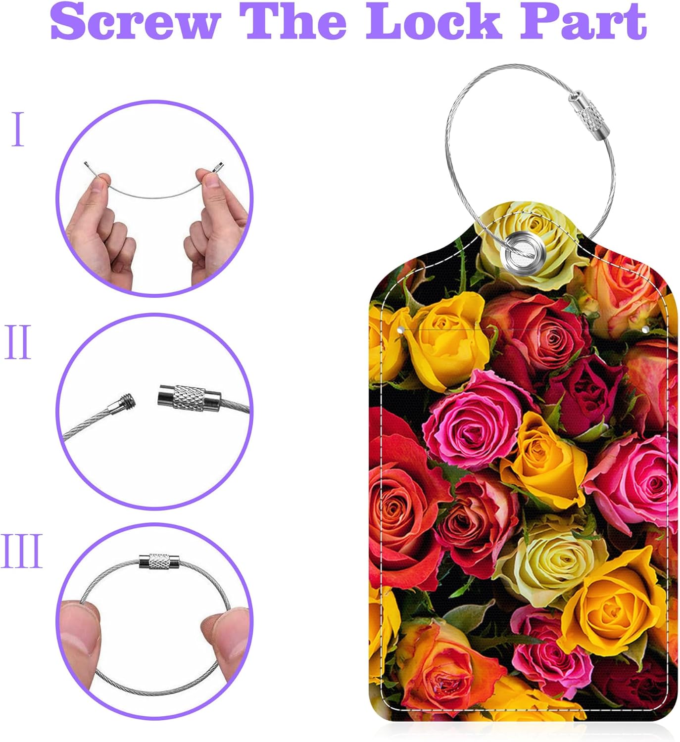 Colorful Roses Luggage Tags 2PCS PU Leather Suitcases Tag with Stainless Steel Loop and Privacy Name Address Cover Label Card for Women Men Travel