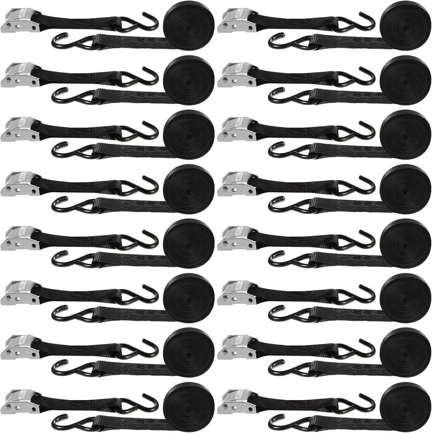 16 Pcs Cambuckle Tie Down Straps 1763lbs Break Strength Securing Straps 1'' x 15 ft Cambuckle Tie Downs with S Hook for Motorcycle, Kayak, Car, Truck, Boat Moving, Securing Cargo(Black)