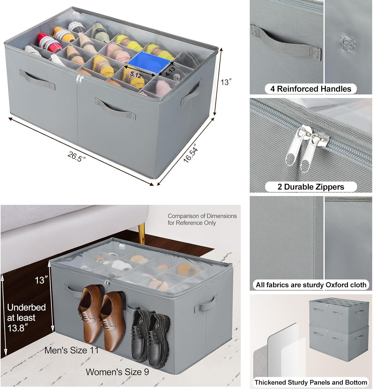 Shoe Organizer for Closet 2 Pack, Foldable Shoe Box with Adjustable Dividers and Clear Cover, Space Saving Shoe Storage Organizer Cabinet with Reinforced Handles, Fits 40 Pairs, Gray, TP11G