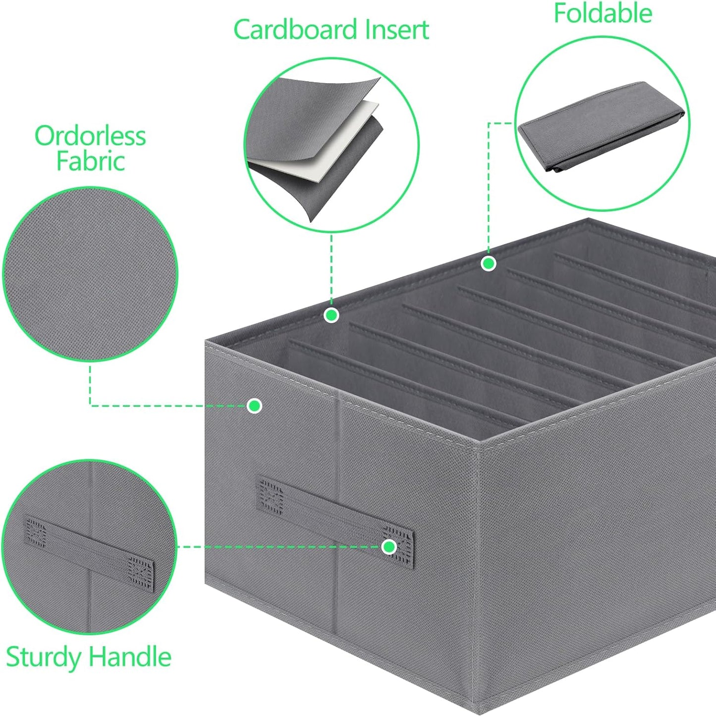 Jeans Organizer for Closet, Foldable Wardrobe Clothes Organizer with Handle, Stackable Closet Clothes Drawer Organizer Tshirts with 7 Grids for Leggings, Sweater, Jean, Pants, Grey (3 PCAK)