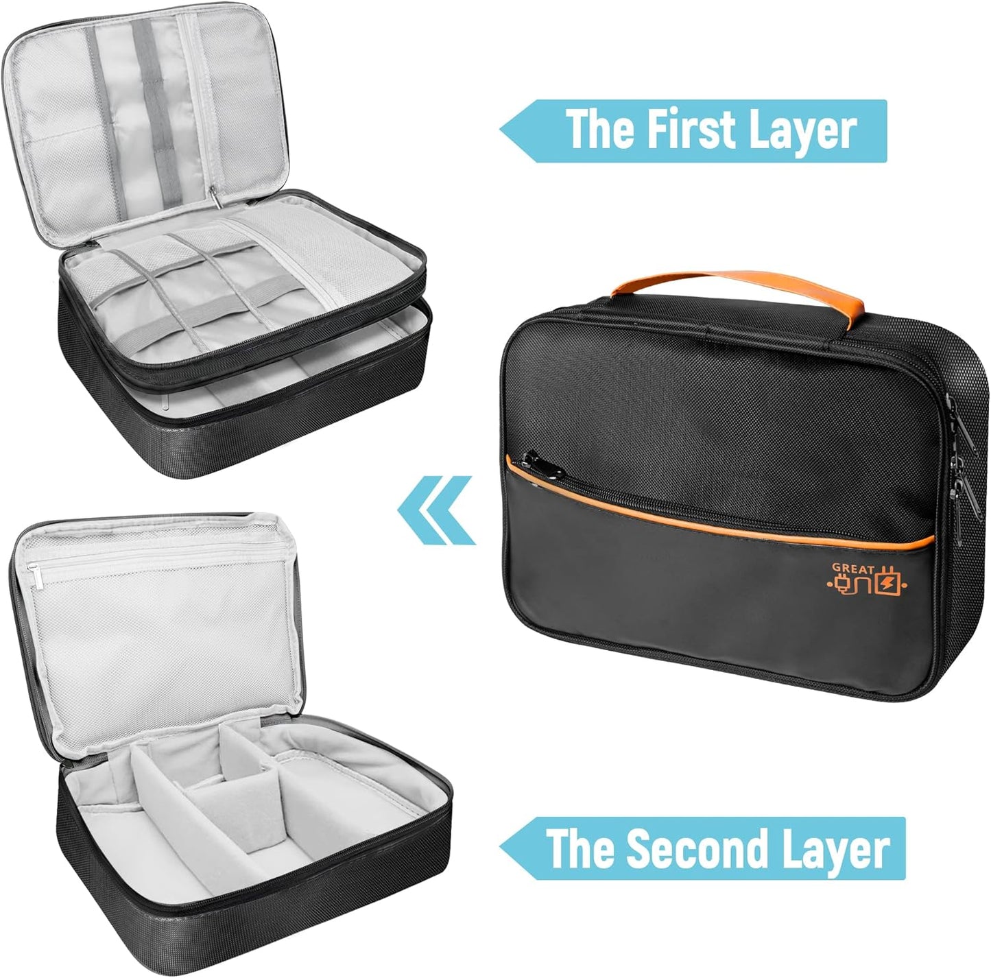 Electronics Travel Organizer, Large Double Layer Portable Waterproof Travel Organizer Bag for Charging Cable Storage, Ipad, Power Bank, Business and School ,5pcs Cable Ties-Black