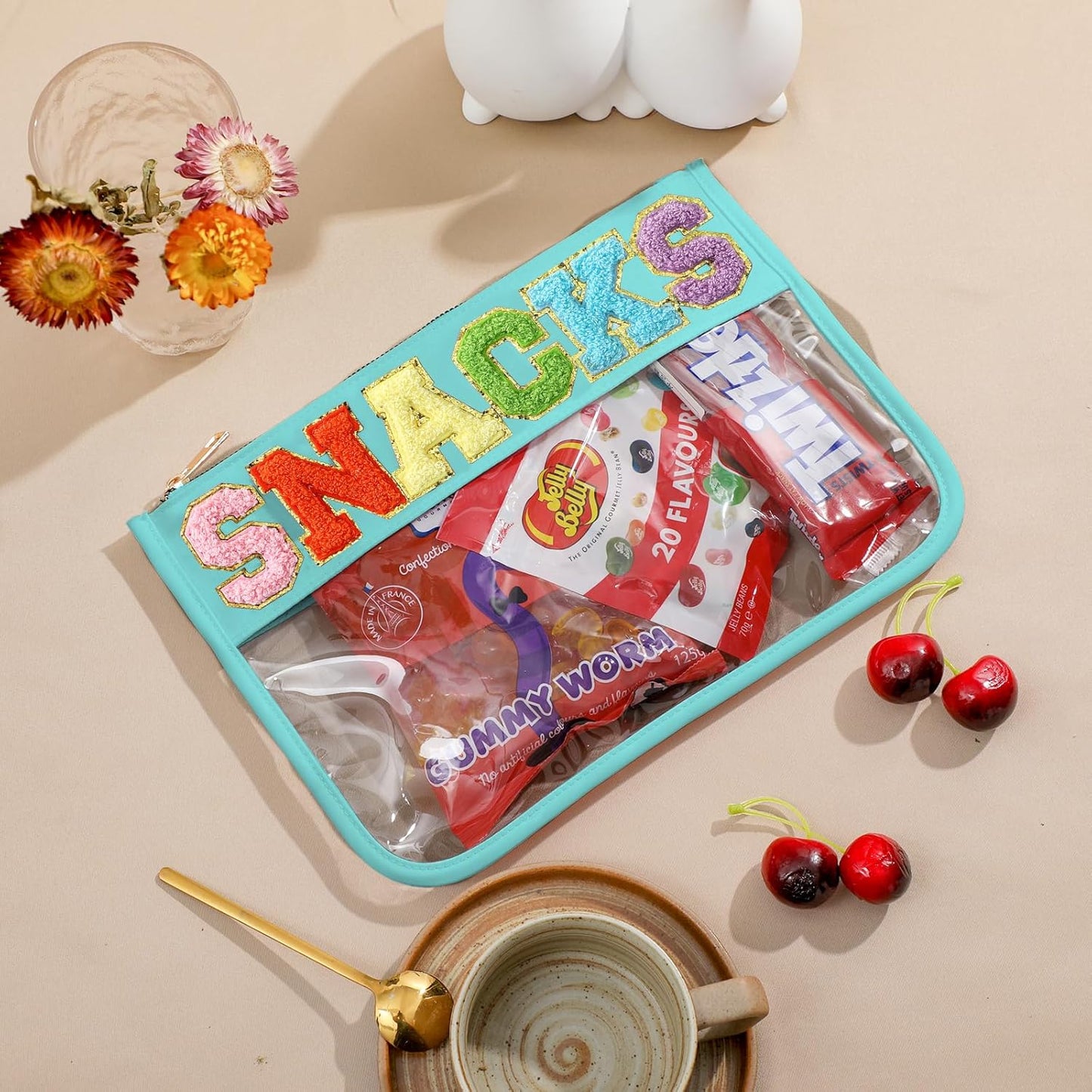 DYSHAYEN Chenille Letter Clear Zipper Pouch for Travel,Nylon Clear Cosmetic Bag,Makeup Travel Bag for Women Girls 11.8 Inches x 8.2 Inches