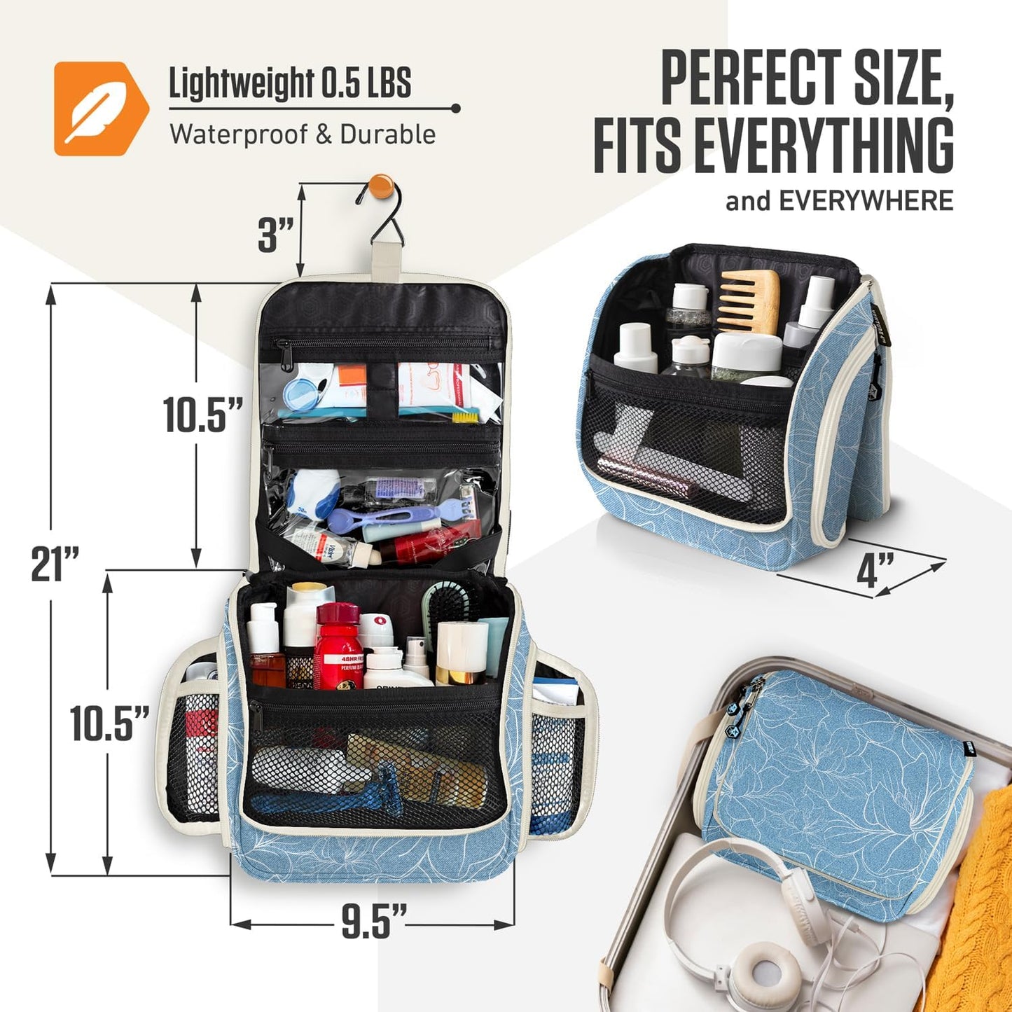 VENTURE 4TH Hanging Travel Toiletry Bag for Women & Men - Travel Organizer with Expandable Compartments & Removable Clear Pouch for Toiletries (Blue Flowers)