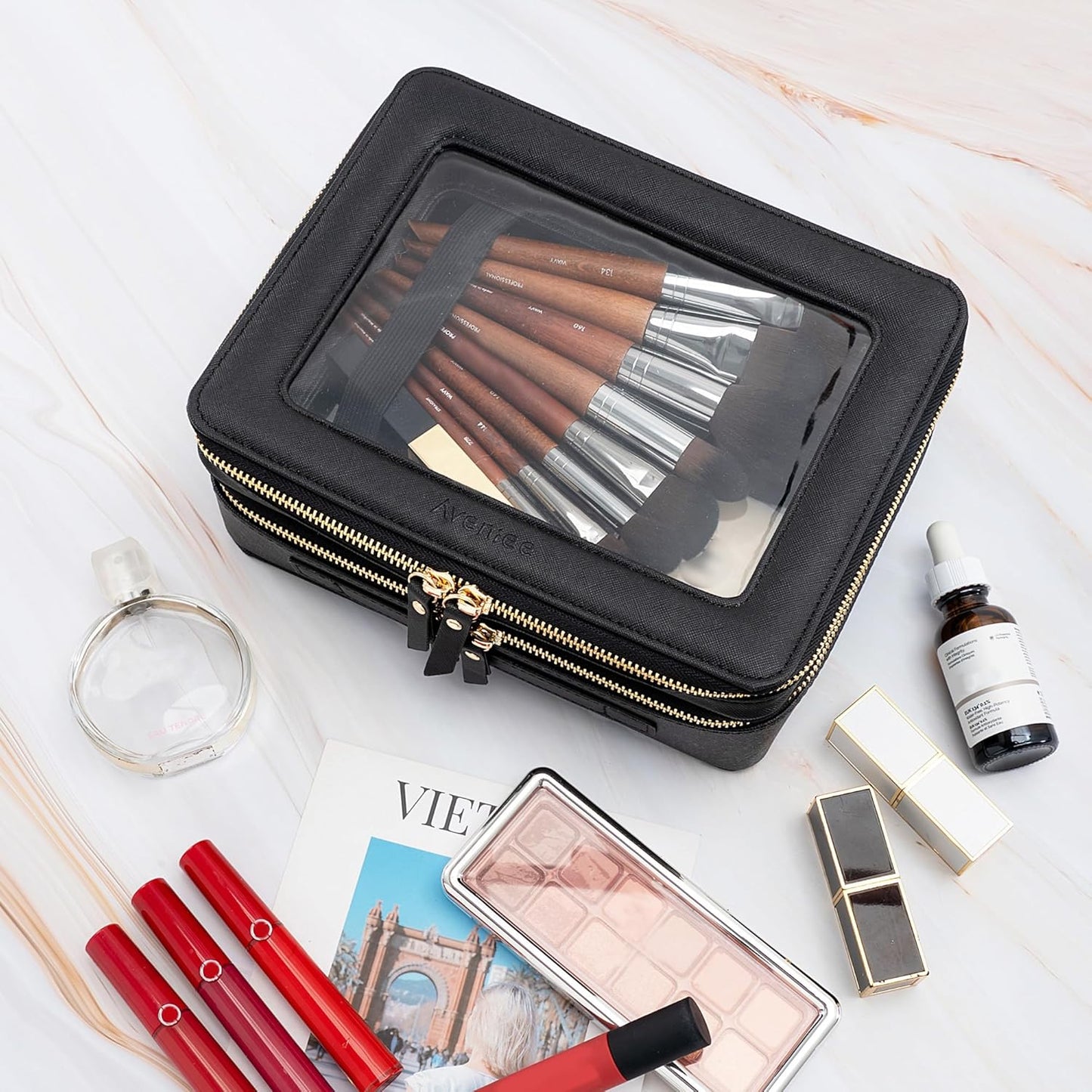 Aveniee XL Clear Makeup Organizer,Double Layer Travel Cosmetic Case with Brush Holder & Zippered Compartments,Big Toiletry Bag for Travel Accessories,2 Layers Large,Black