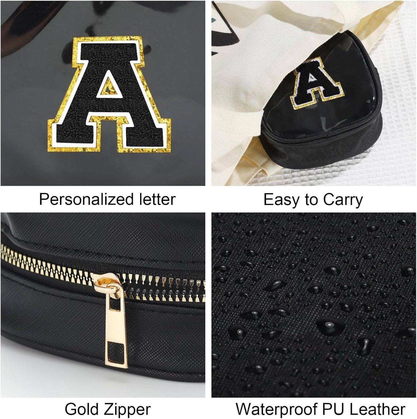 YOOLIFE Initial Makeup Bag Travel Toiletry Bag, Clear Makeup Bag Car Accessories For Women Clear Makeup Bags With Zipper Girlfriend Teacher 10 Year Old Girl Gifts Daughter Girl Gifts Mini Black T