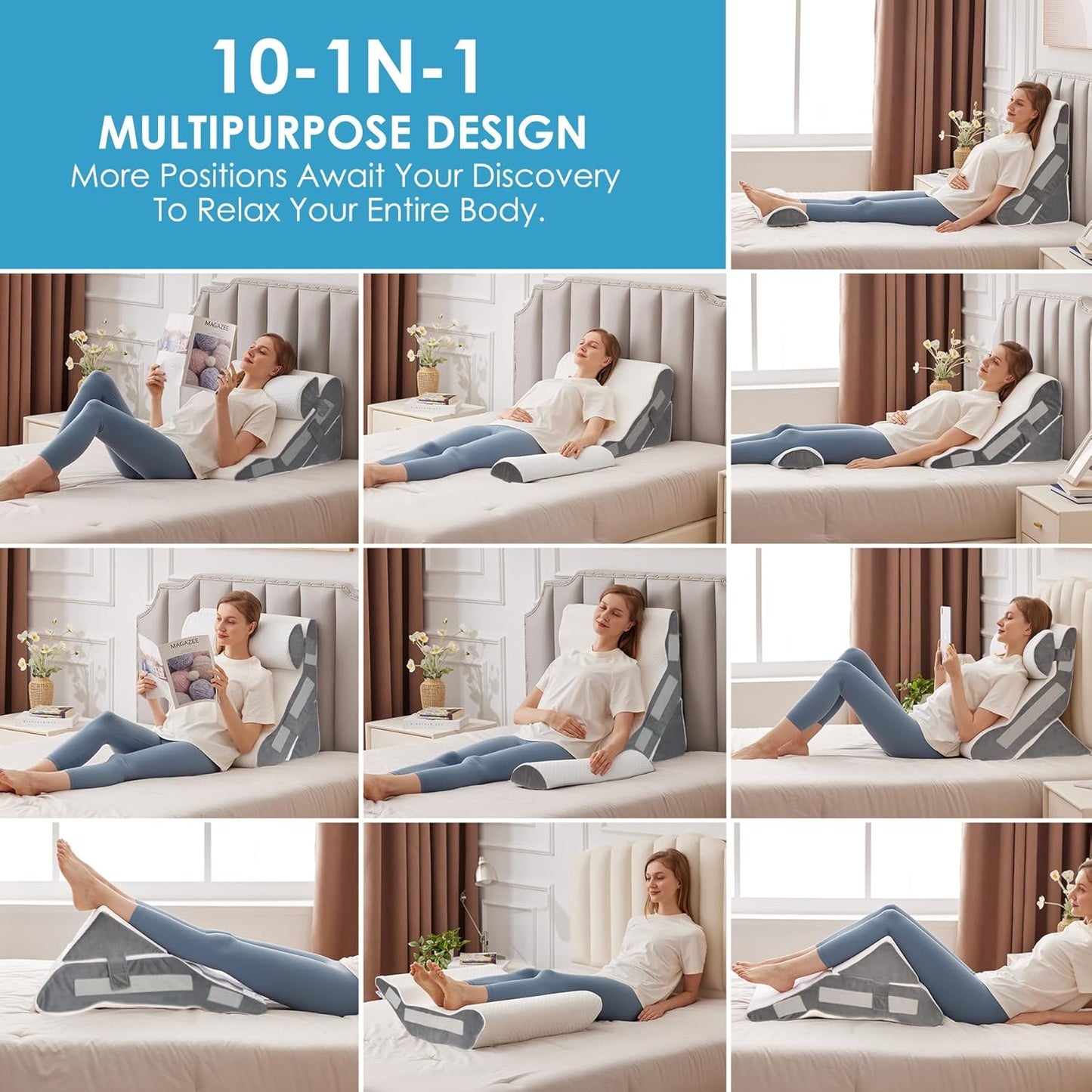 3PCS Bed Wedge Pillow for Headboard, Adjustable Wedge Pillow for Sleep Apnea, 23” Wide Triangle Pillow Wedge Set for After Surgery, Acid Reflux Relief, Snoring, Neck&Back Support, White/Grey