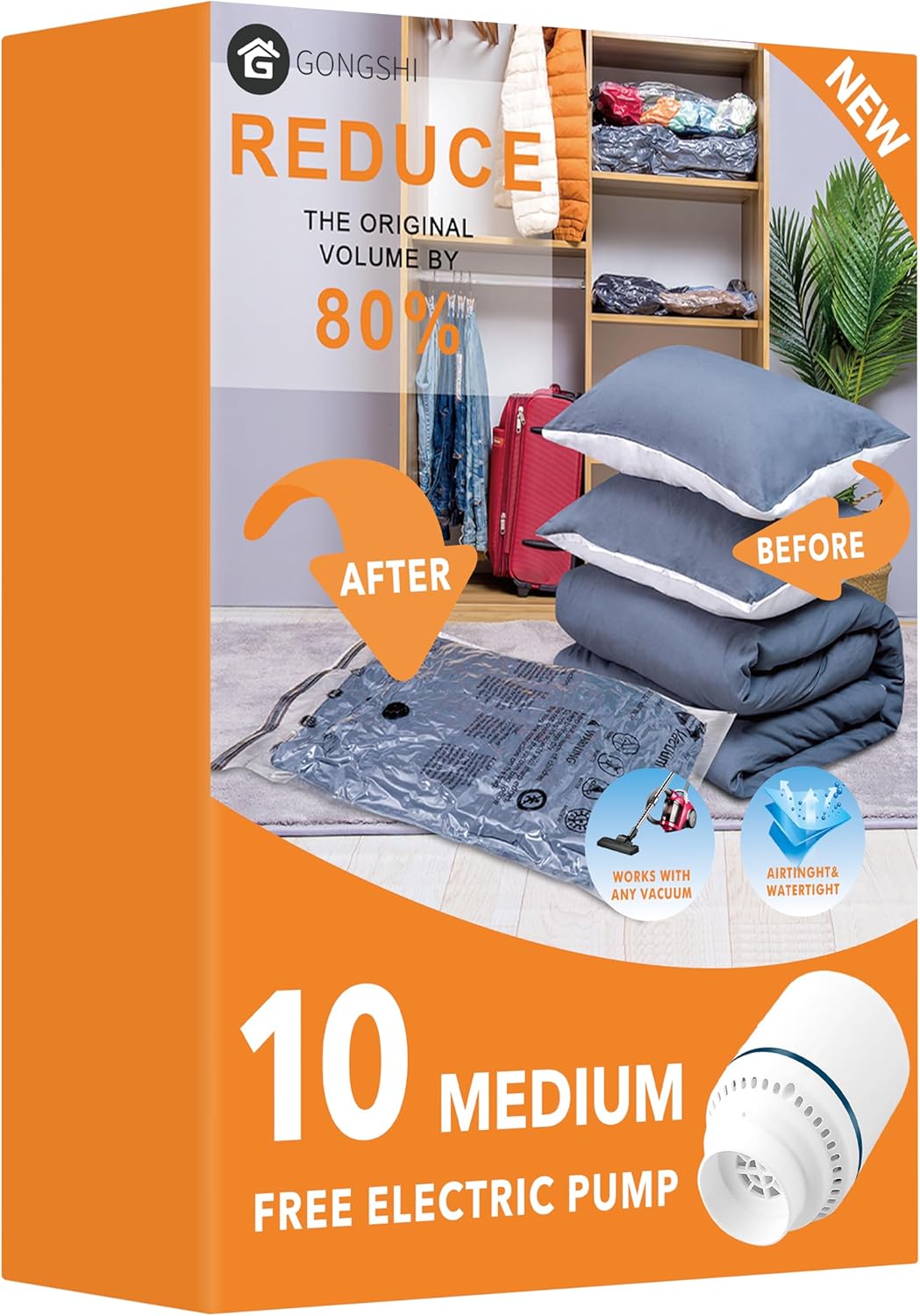 10 Medimu Vacuum Storage Bags with Electric Pump, Plastic Packaging Bags,Space Saver Sealer Compression Bags for Blankets, Comforters, Pillows, Clothes Storage