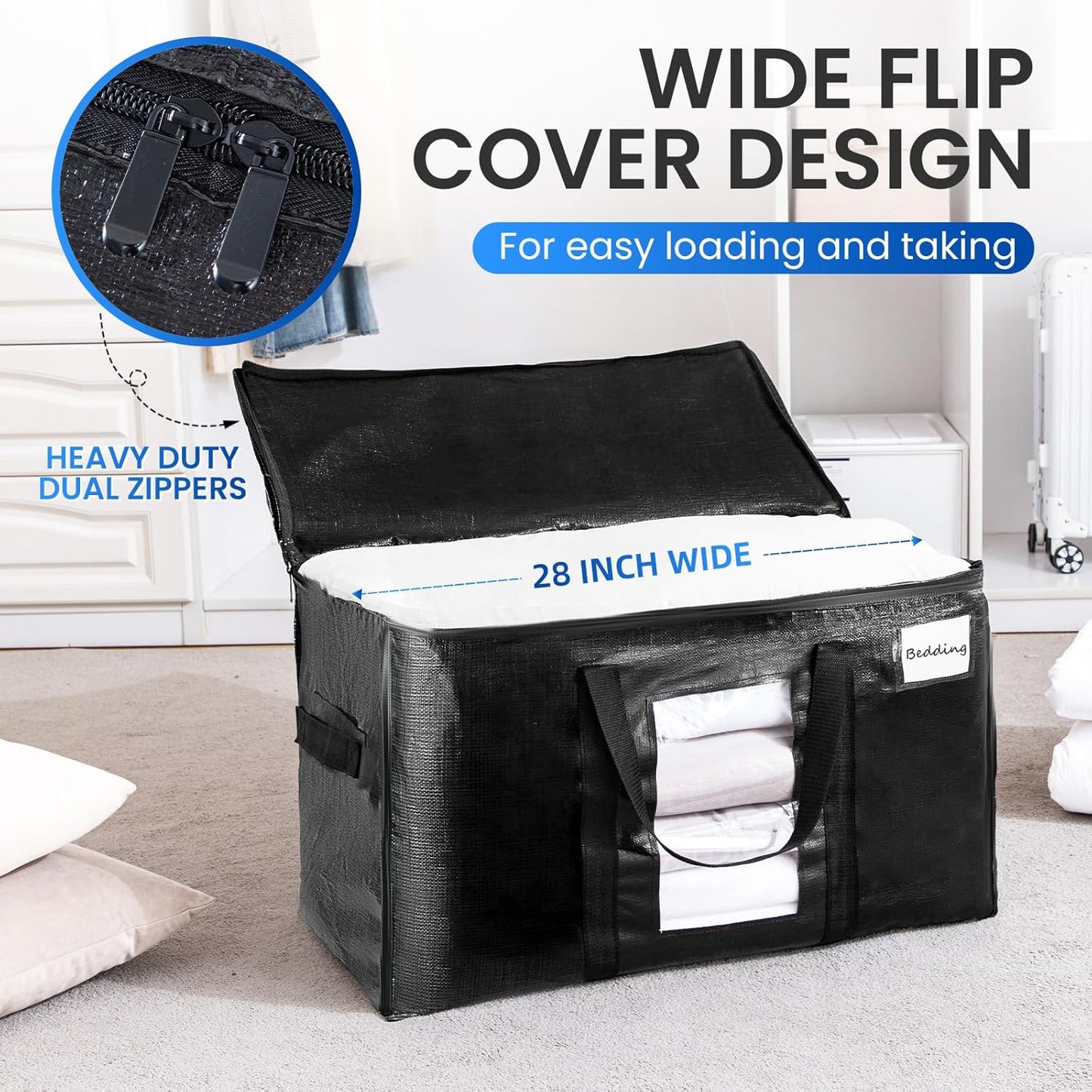 TAILI Extra Large Moving Bags, 4 Pack Black Heavy Duty Totes For Storage with Visible Window, Wrap Around Handles, Storage Bags for Space Saving, Alternative to Moving Boxes