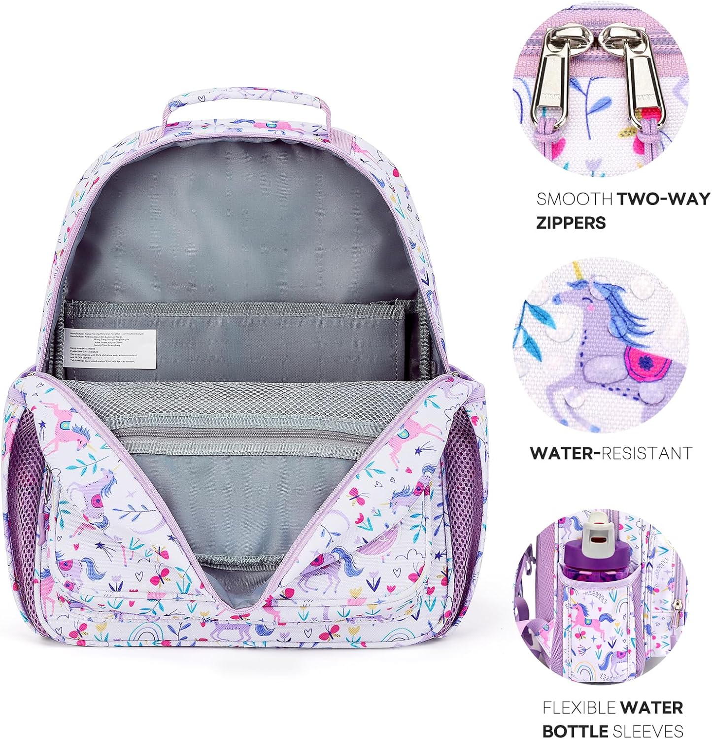 mibasies Girls Backpack 5-8: Lightweight Kids Backpacks for Girls - Girl Bookbag for Elementary School - Unicorn Garden Purple