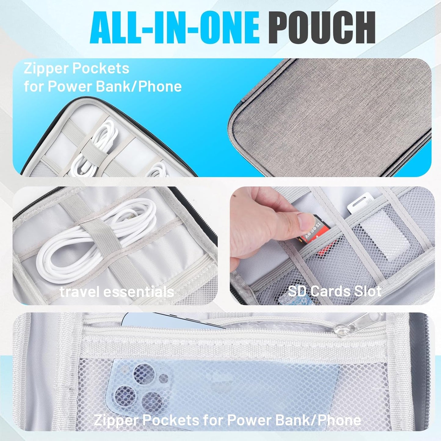 Travel Cable Organizer Bag, Electronics Organizer Tech Pouch with Double Layers for Cords, Chargers, Phone, Earphones, USBs, SD Cards - Travel Essentials Portable Waterproof Tech Pouch