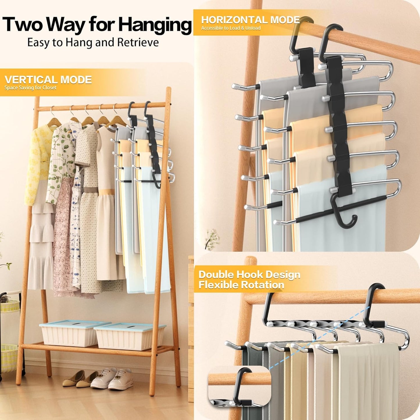 Pants Hangers Space Saving - 4 PCS Closet Organizer and Storage Jean Hangers, Stainless Steel Anti-Slip Clothes Hanger Scarf Holder Pants for Jeans Leggings Trousers Rack for Back to School, Black