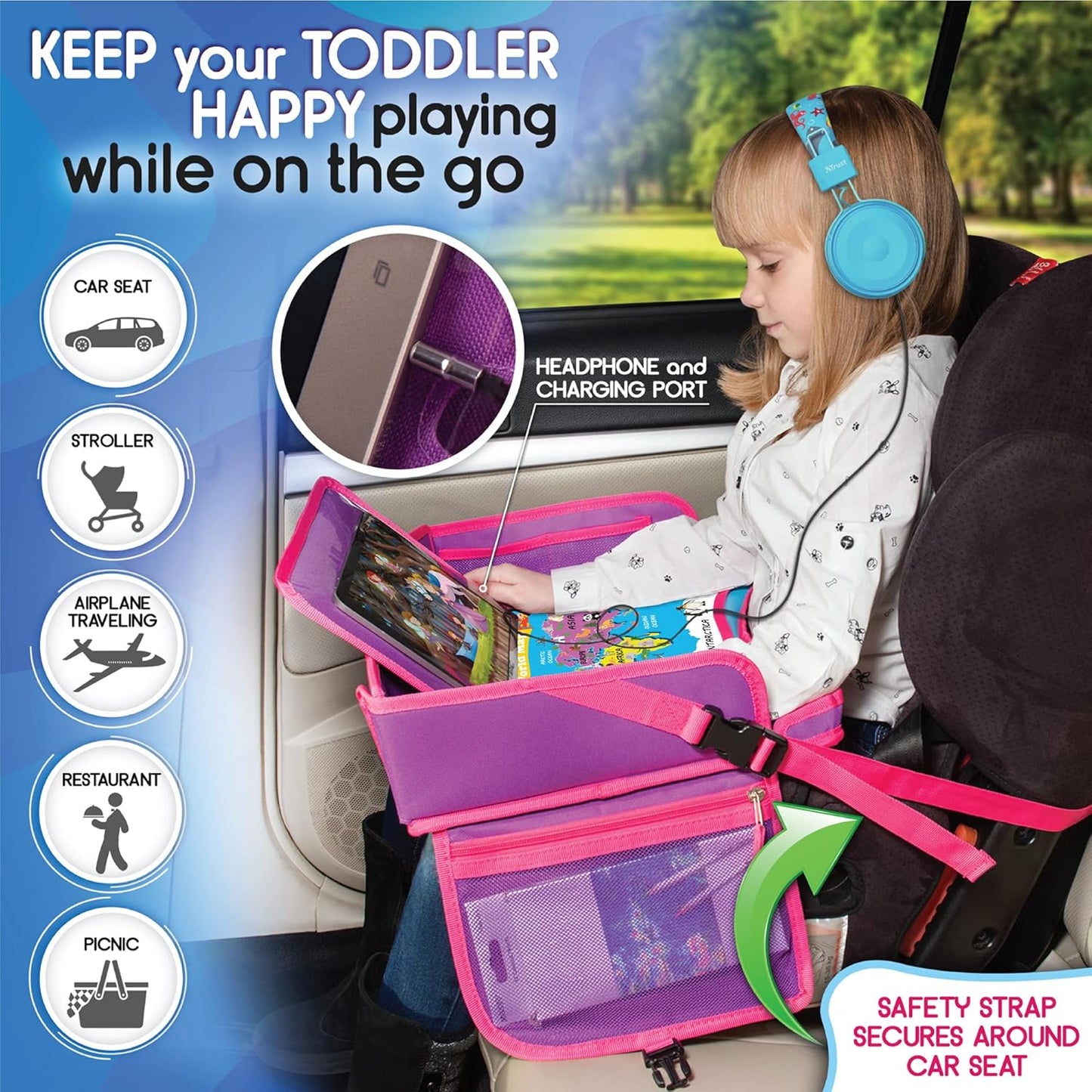 Kids Travel Tray - Waterproof Lap Table with No-Drop Large Tablet Holder - Car Seat Tray - Road Trip Essentials Kids - Car Desk Organizer for Airplane - Toddler Travel Essentials (Pink)