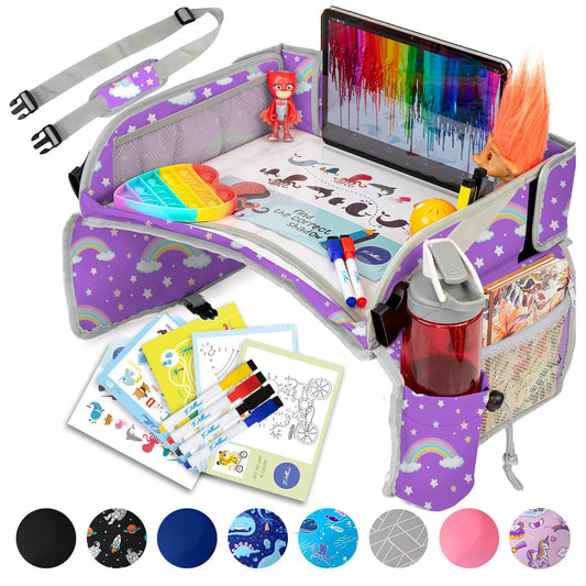 PILLANI Kids Travel Tray for Car - Car Seat Tray for Kids Travel, Road Trip Essentials Must Haves - Carseat Table Roadtrip Activities - Toddler Lap Desk Organizer for Airplane - Kids Travel Essentials