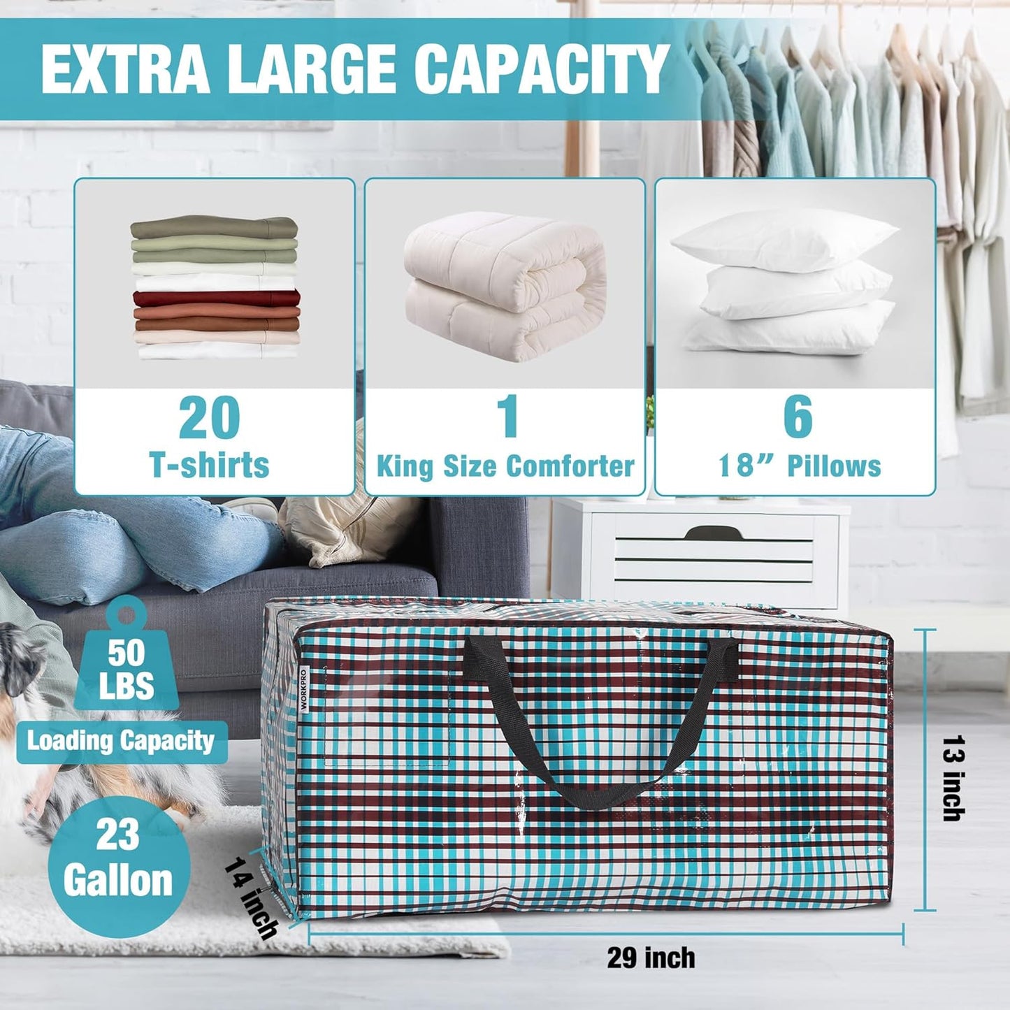 WORKPRO 6 Pack Extra Large Moving Bags with Zippers & Carrying Handles Backpack Straps, Heavy-Duty Storage Tote for Space Saving & Storage, Alternative to Moving Box (Lattice Printing)